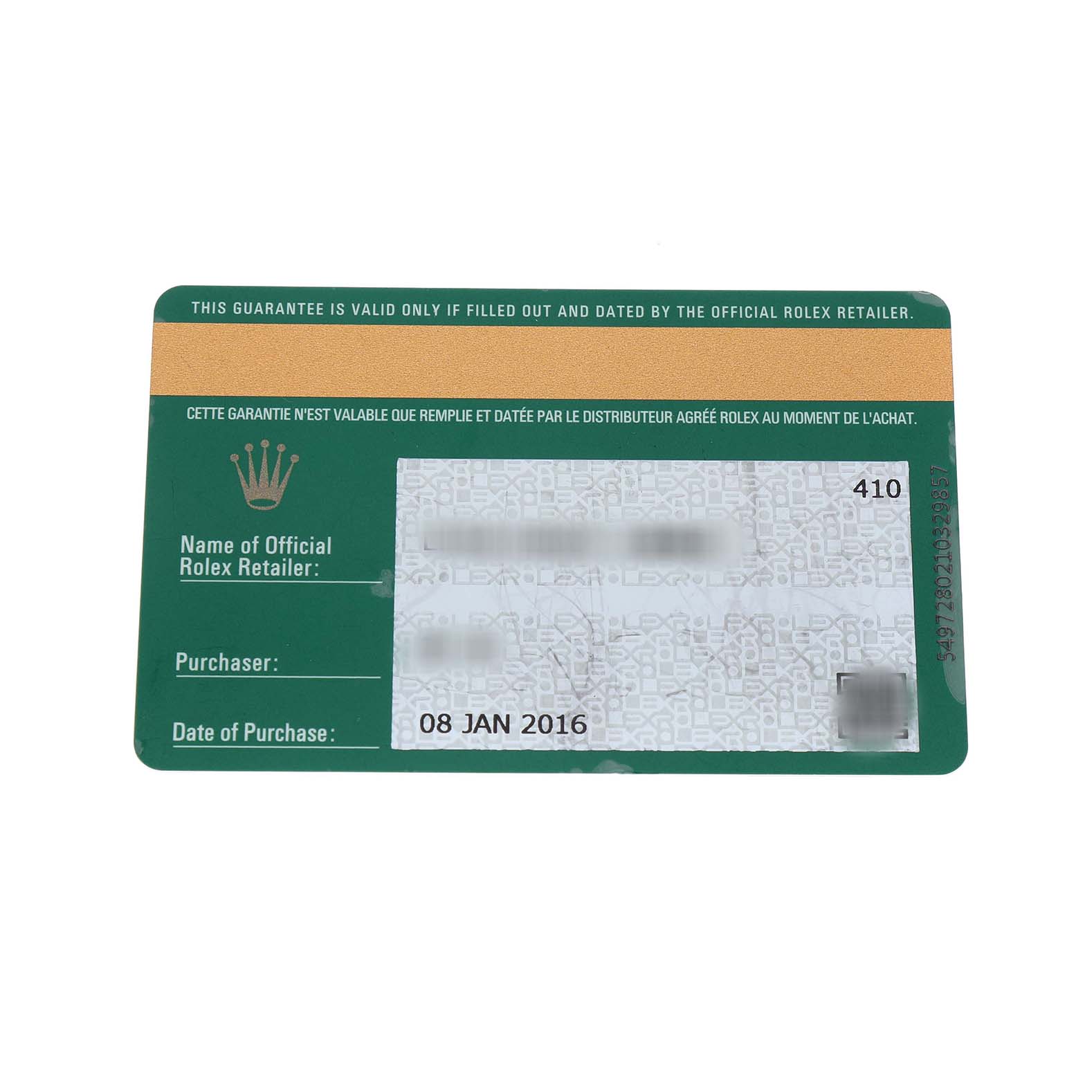 This image shows a Rolex Datejust 178384 Women's Stainless Steel Blue Dial warranty card from a top-down angle, detailing purchase information.