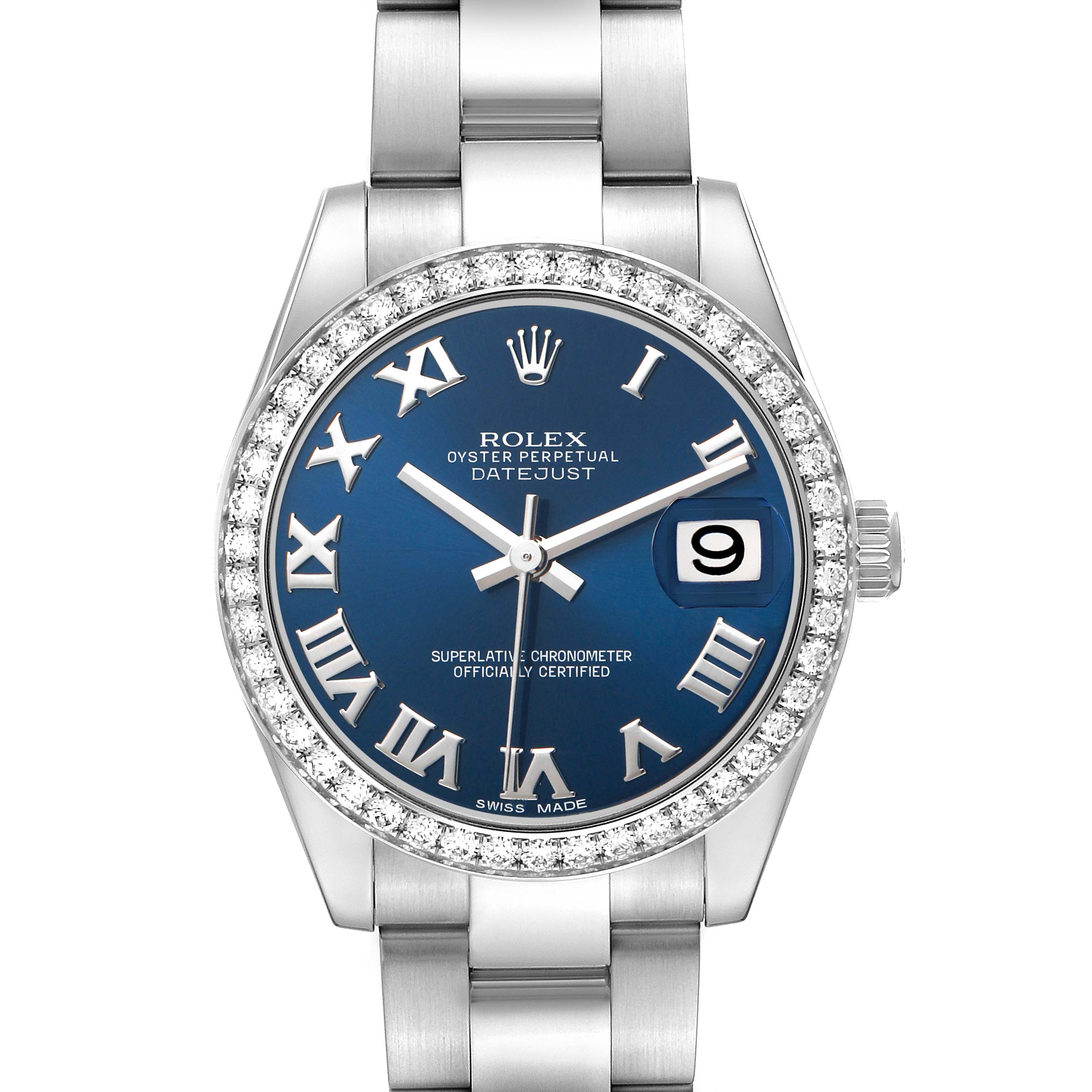The Rolex Datejust 178384 Women's Stainless Steel Blue Dial watch is shown from a front view, highlighting the blue dial, Roman numerals, diamond bezel, and bracelet.