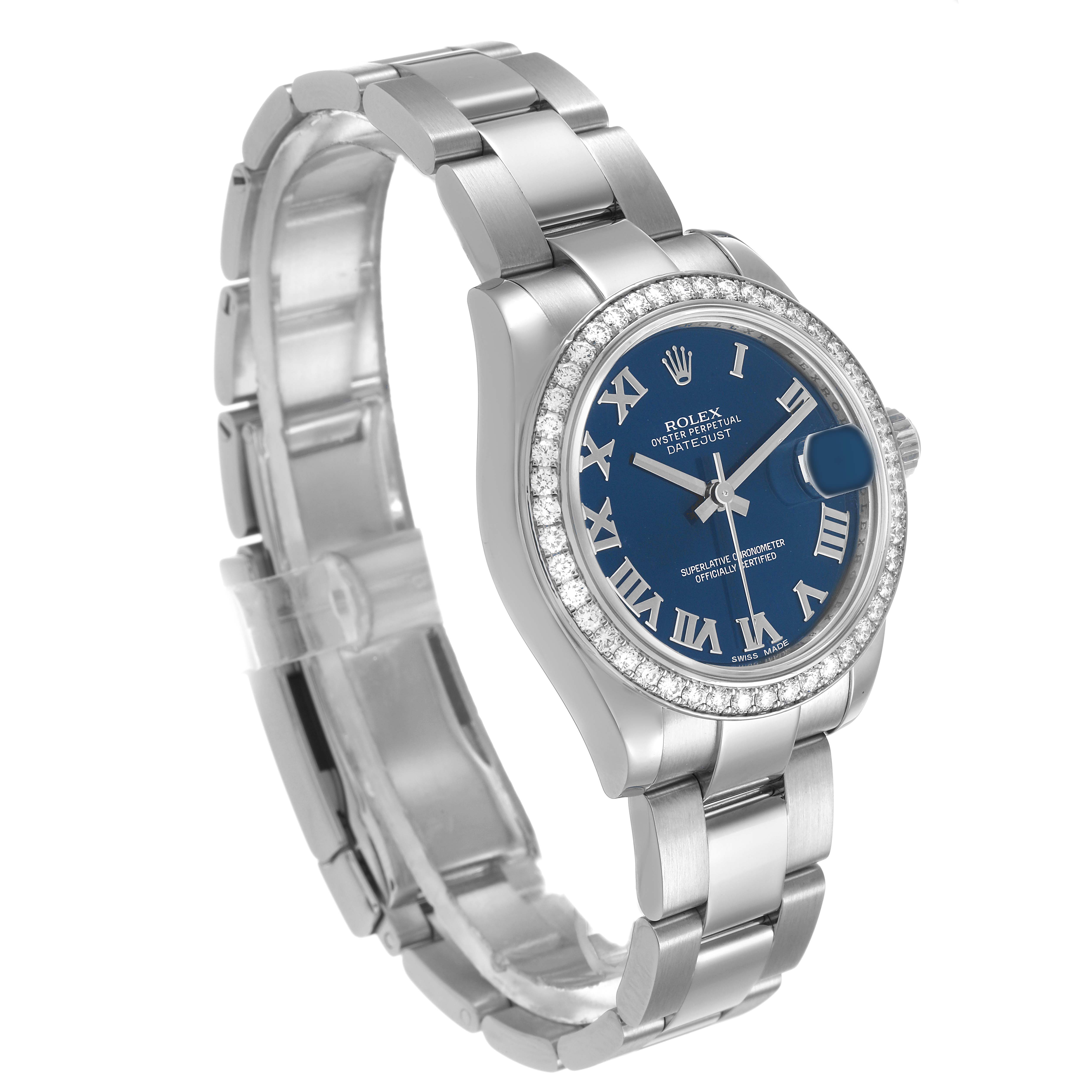 The Rolex Datejust 178384 Women's Stainless Steel Blue Dial watch is shown at a three-quarter angle, highlighting the blue dial, bezel, and bracelet.