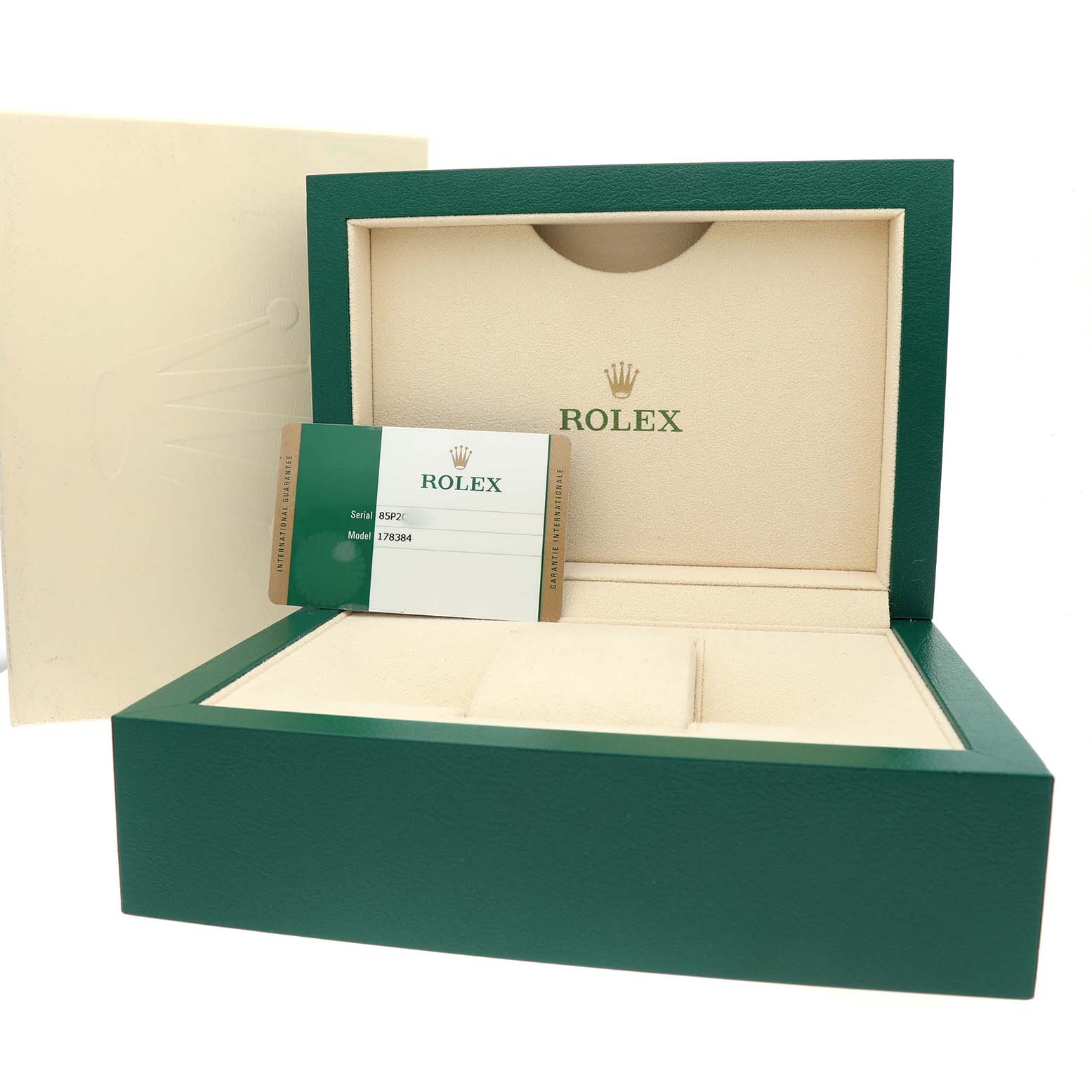 The image shows a Rolex Datejust 178384 Women's Stainless Steel Blue Dial watch box and warranty card from a front angle.