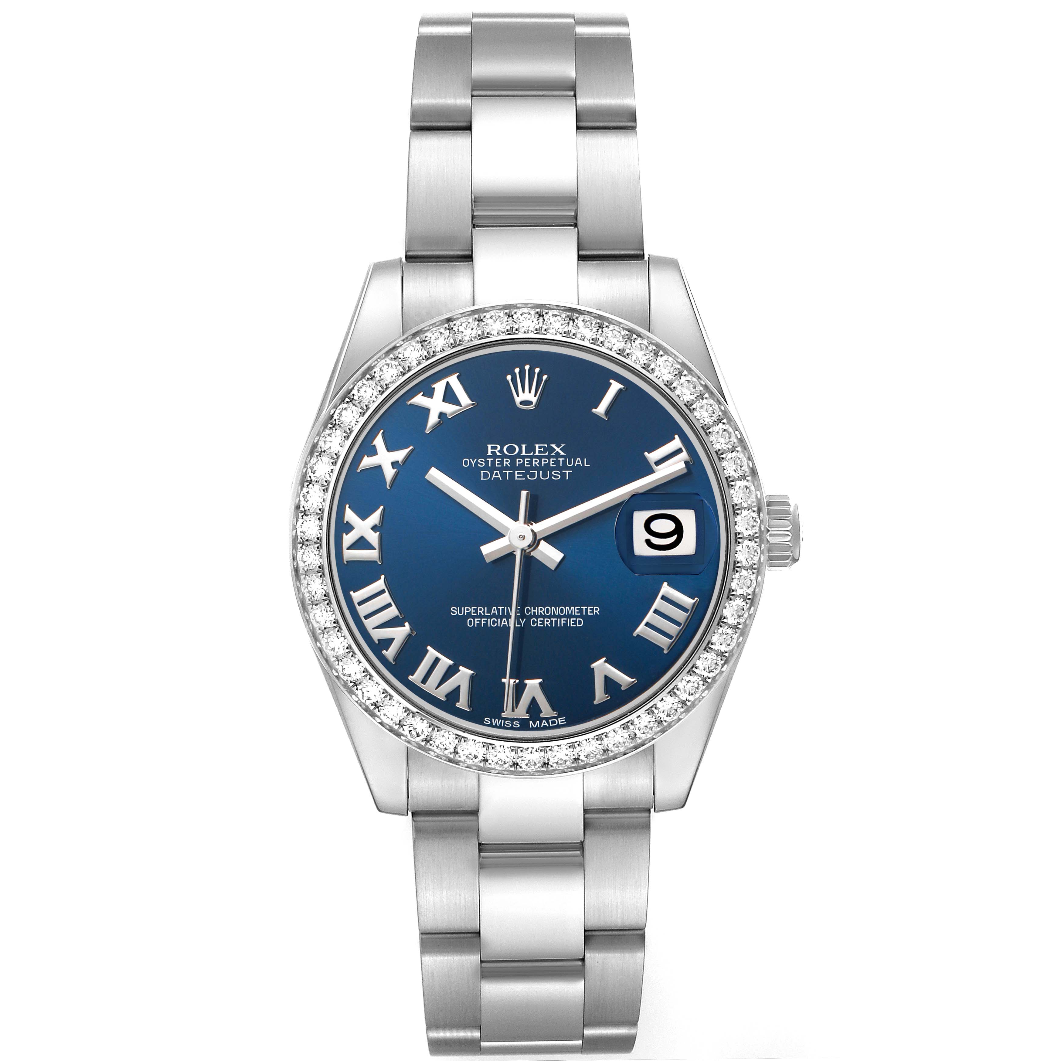 The Rolex Datejust 178384 Women's Stainless Steel Blue Dial watch is shown from a top-down angle, featuring the dial, bezel, crown, and bracelet.