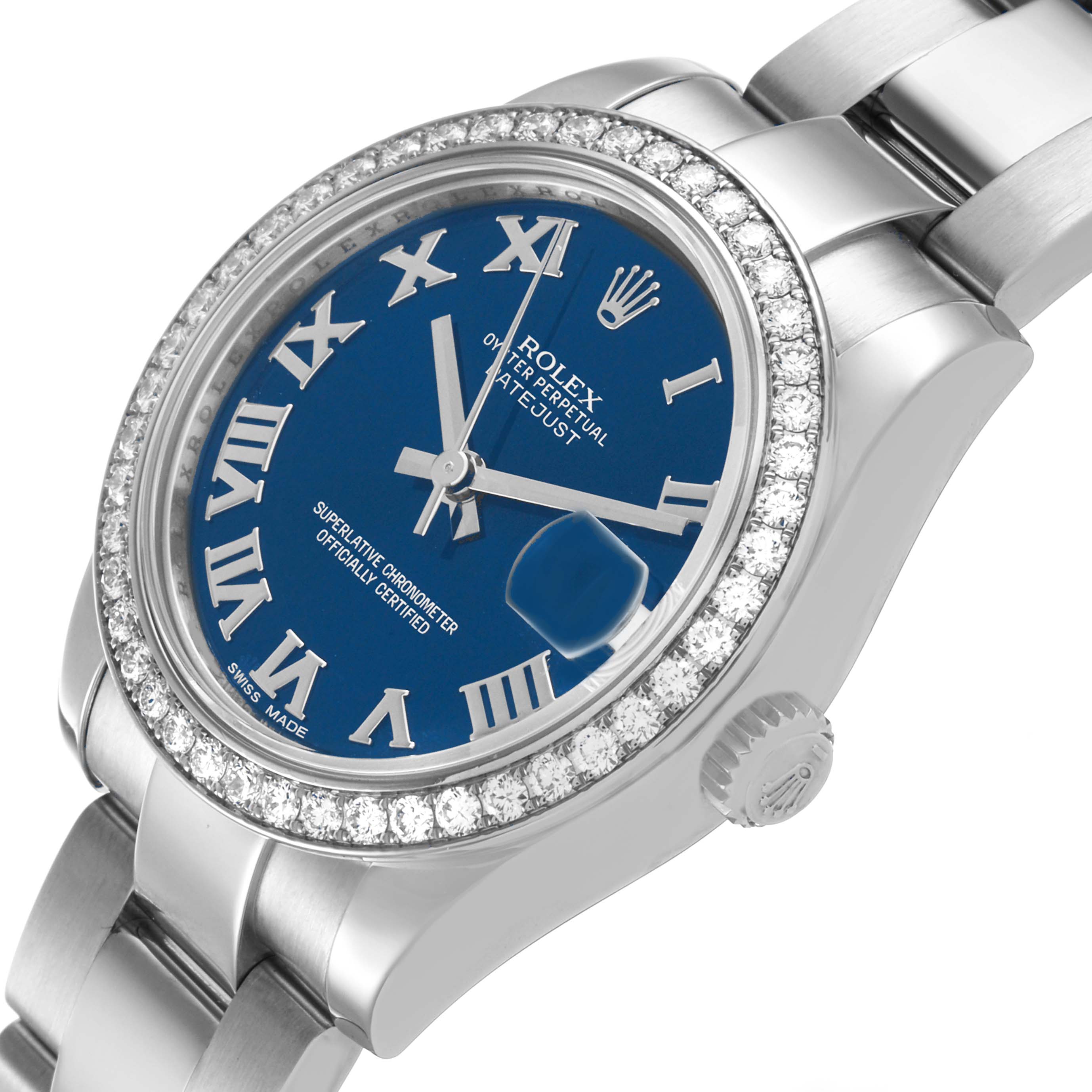 The Rolex Datejust 178384 Women's Stainless Steel Blue Dial watch is angled to show its blue dial, diamond bezel, and part of the bracelet.