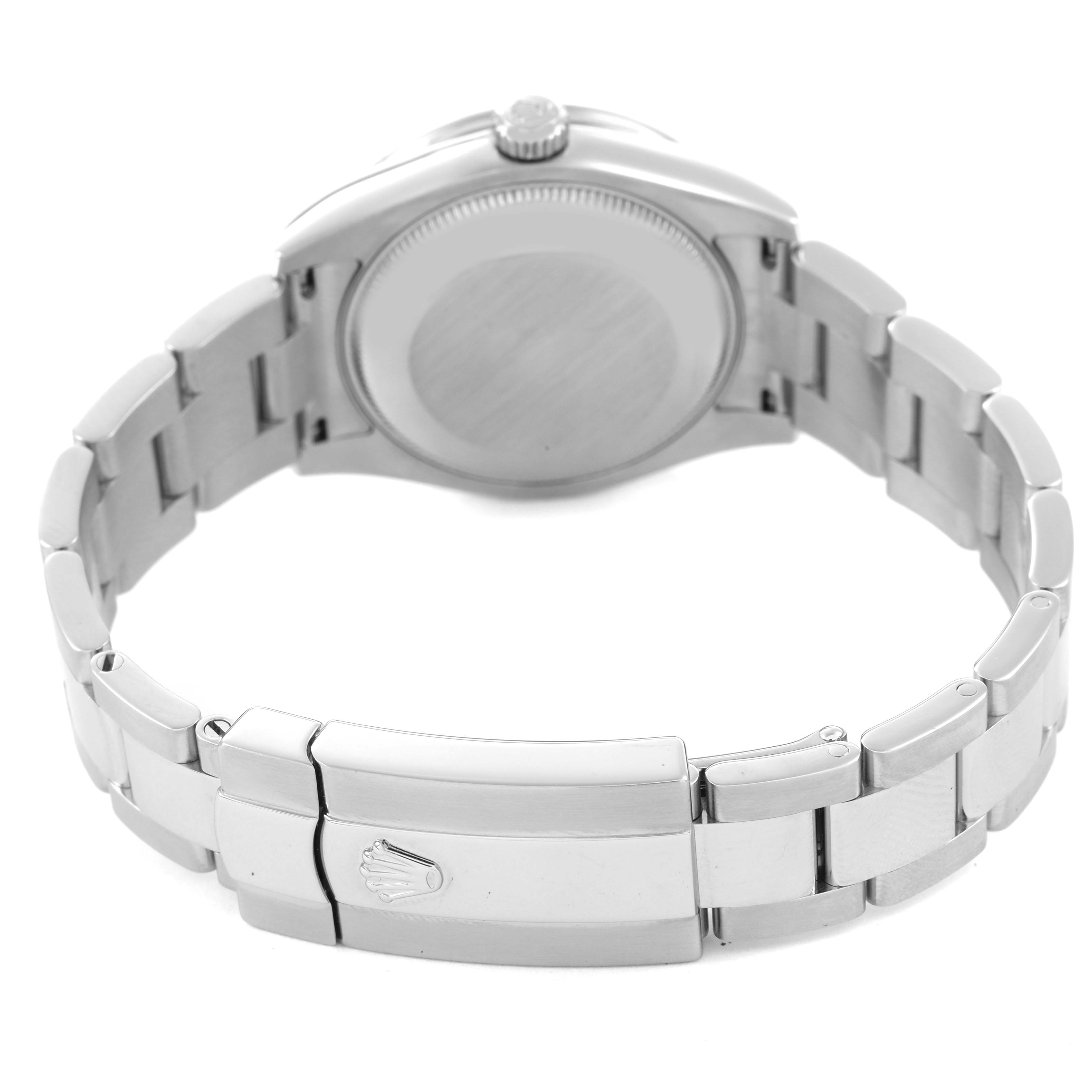 The image shows the back of the Rolex Datejust 178384 Women's Stainless Steel Blue Dial watch, highlighting the bracelet, clasp, and case back.