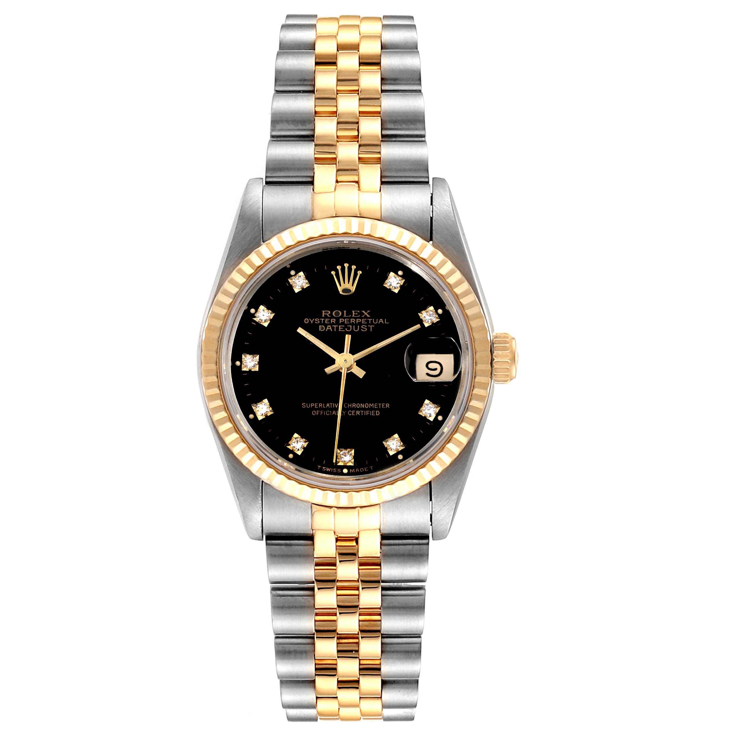 This image shows a front view of a Rolex Datejust Mid-Size watch with a two-tone bracelet and black dial.