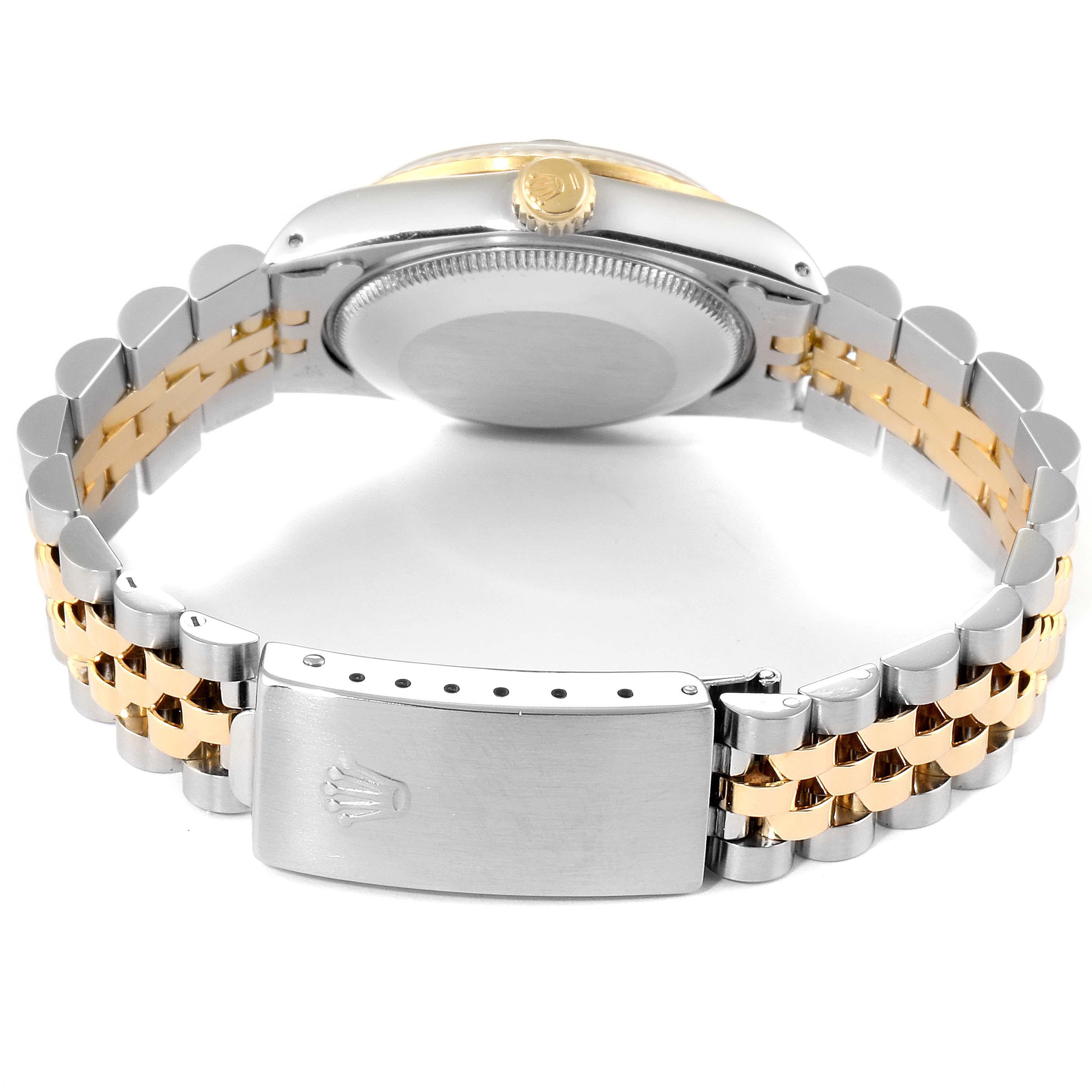 The image shows the back and side view of a Rolex Mid-Size 68273 Women
s Steel and Gold (two tone) Black Dial 68273 Women
s Steel and Gold (two tone) Black Dial model watch, highlighting the case, crown, and two-tone bracelet with the clasp.