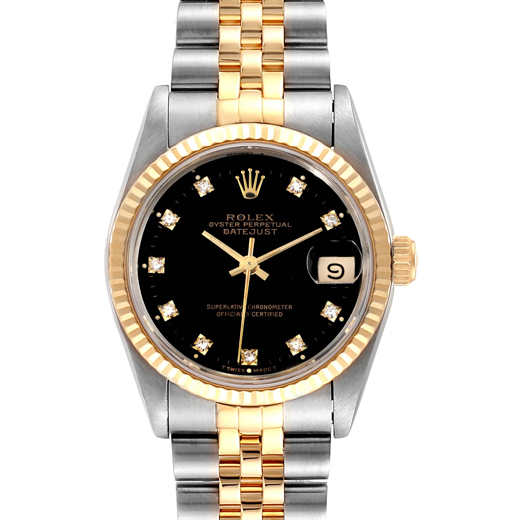 The image shows a front view of a Mid-Size Rolex Datejust watch with a black dial, gold markers, and a two-tone bracelet.