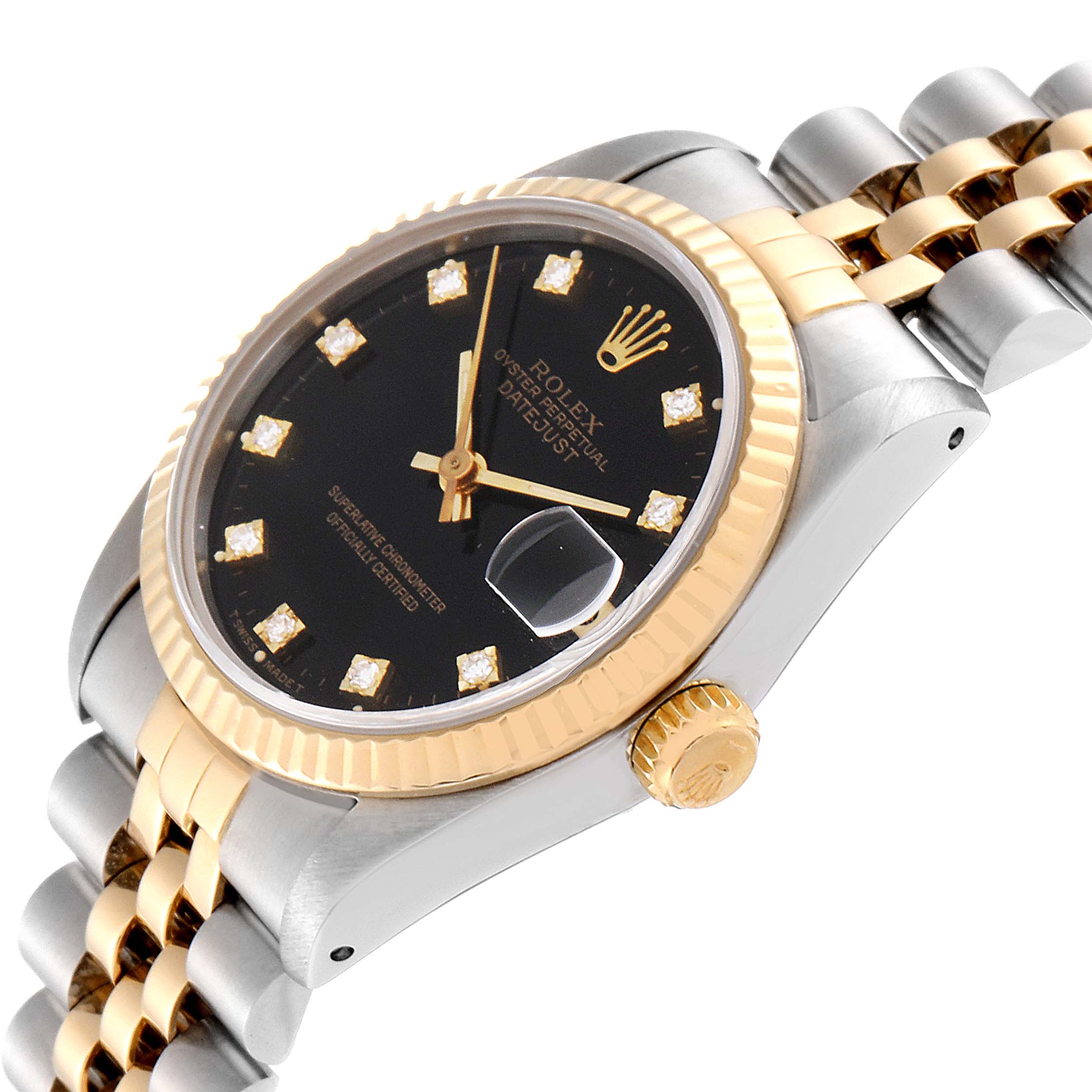 The image shows a side angle of a Rolex Mid-Size 68273 Women
s Steel and Gold (two tone) Black Dial 68273 Women
s Steel and Gold (two tone) Black Dial Datejust watch, highlighting the two-tone bracelet, black dial, marked bezel, and crown.