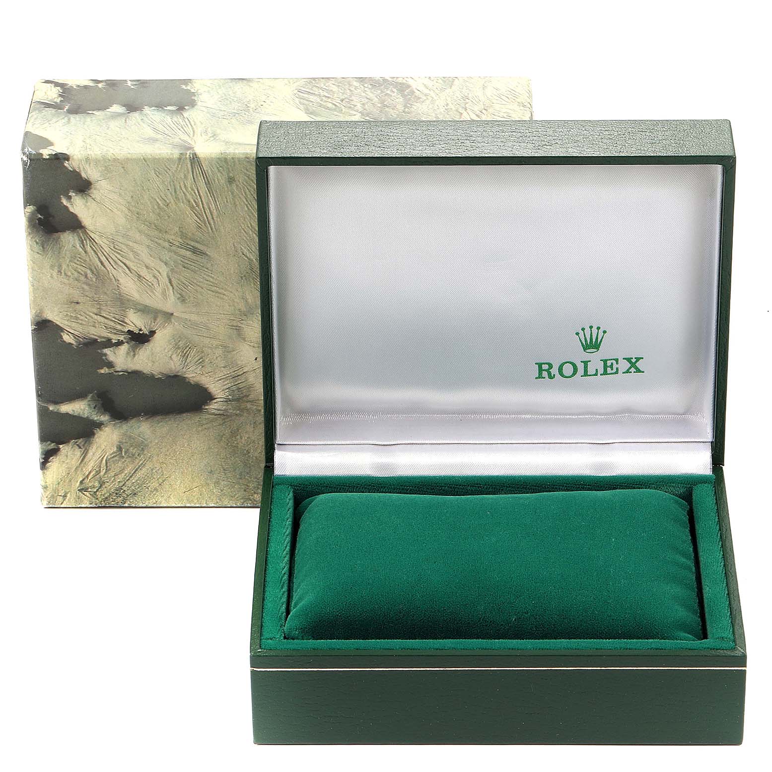 A green Rolex watch box for a Mid-Size model is shown open, revealing the interior cushion.