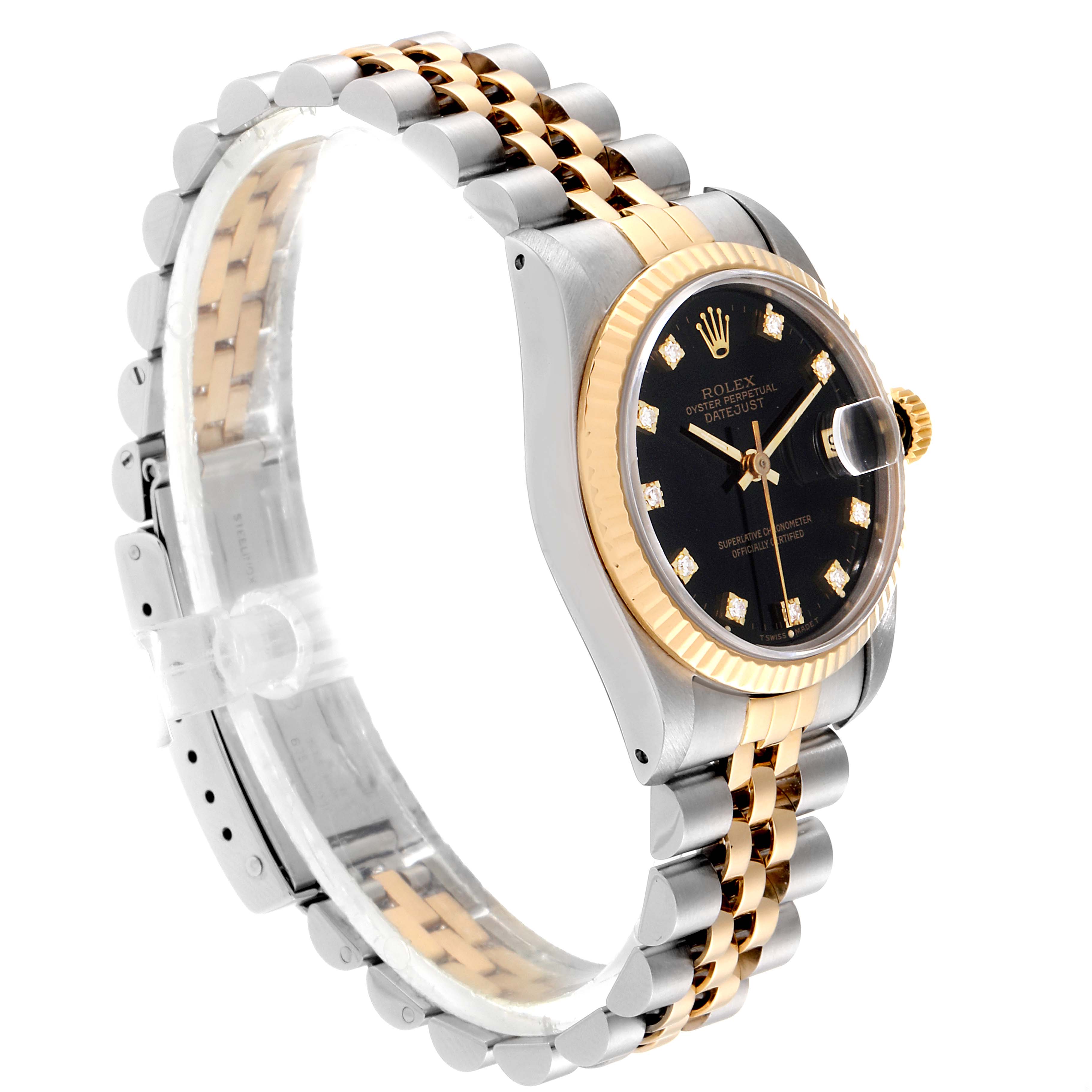The image shows a side angle of the Rolex Mid-Size 68273 Women
s Steel and Gold (two tone) Black Dial 68273 Women
s Steel and Gold (two tone) Black Dial watch, highlighting the case, dial, crown, and two-tone bracelet.