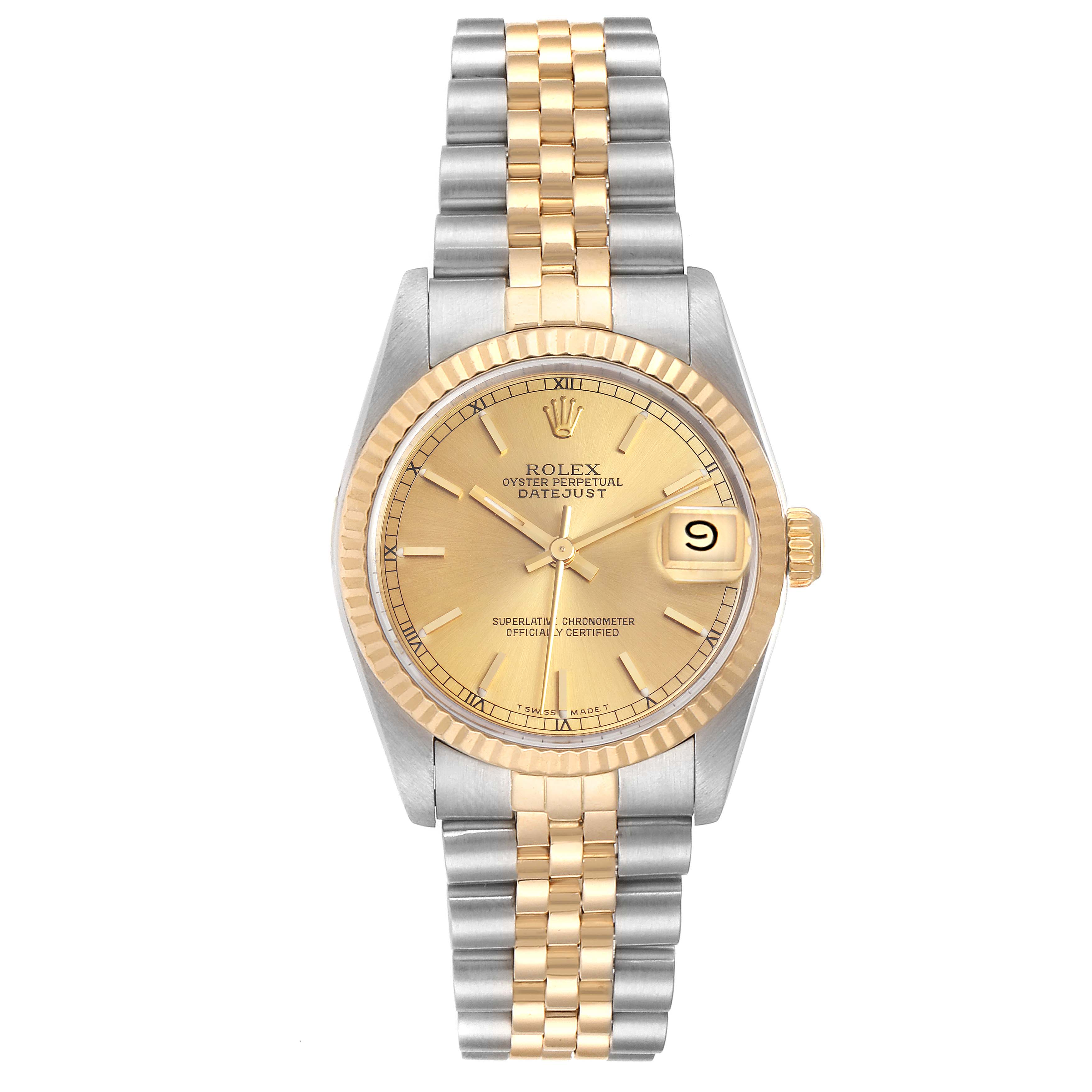 The Rolex Oyster Perpetual Datejust Mid-Size watch is shown from a top view, displaying the dial, bezel, and Jubilee bracelet.