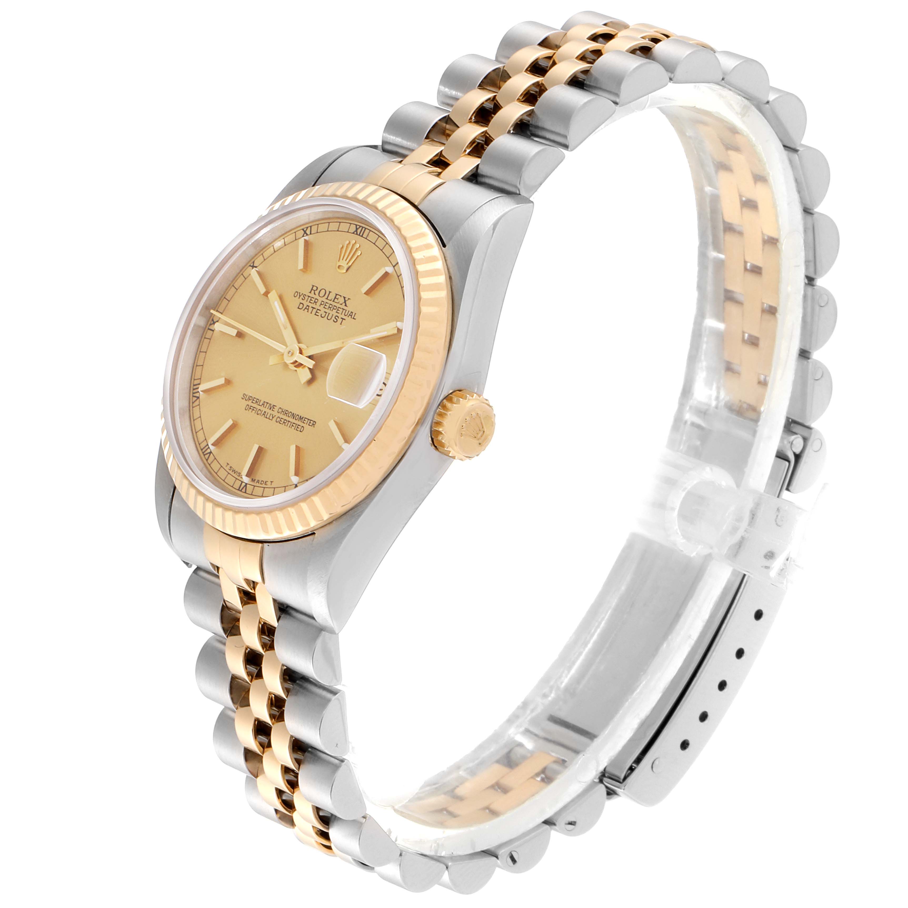 The Rolex Mid-Size 68273 Women
s Steel and Gold (two tone) Champagne Dial 68273 Women
s Steel and Gold (two tone) Champagne Dial watch is shown at a three-quarter angle, highlighting the gold bezel, bracelet, and part of the face.