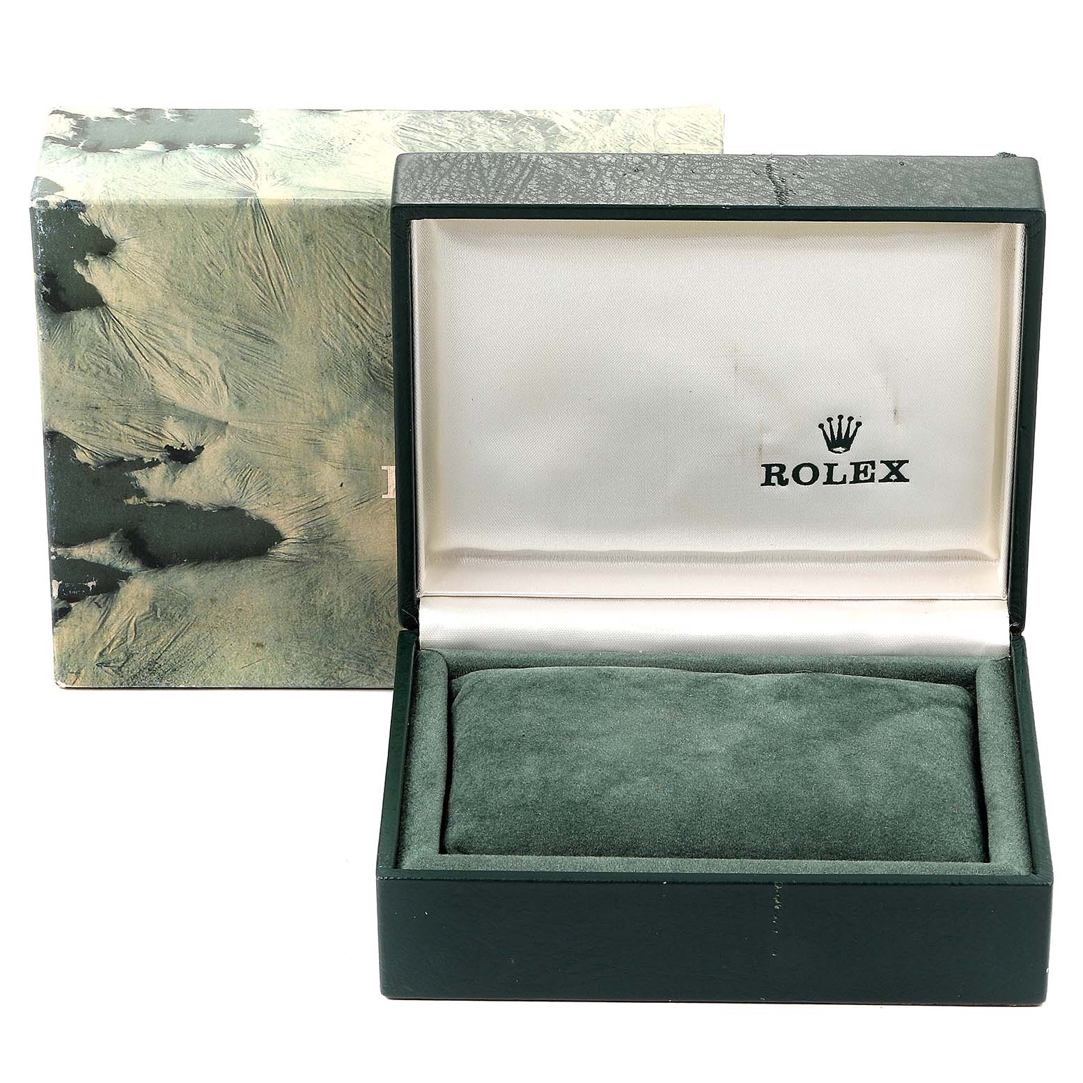 The image shows an empty Rolex Mid-Size 68273 Women
s Steel and Gold (two tone) Champagne Dial 68273 Women
s Steel and Gold (two tone) Champagne Dial model watch box with its lid open, revealing the interior lining and cushion.