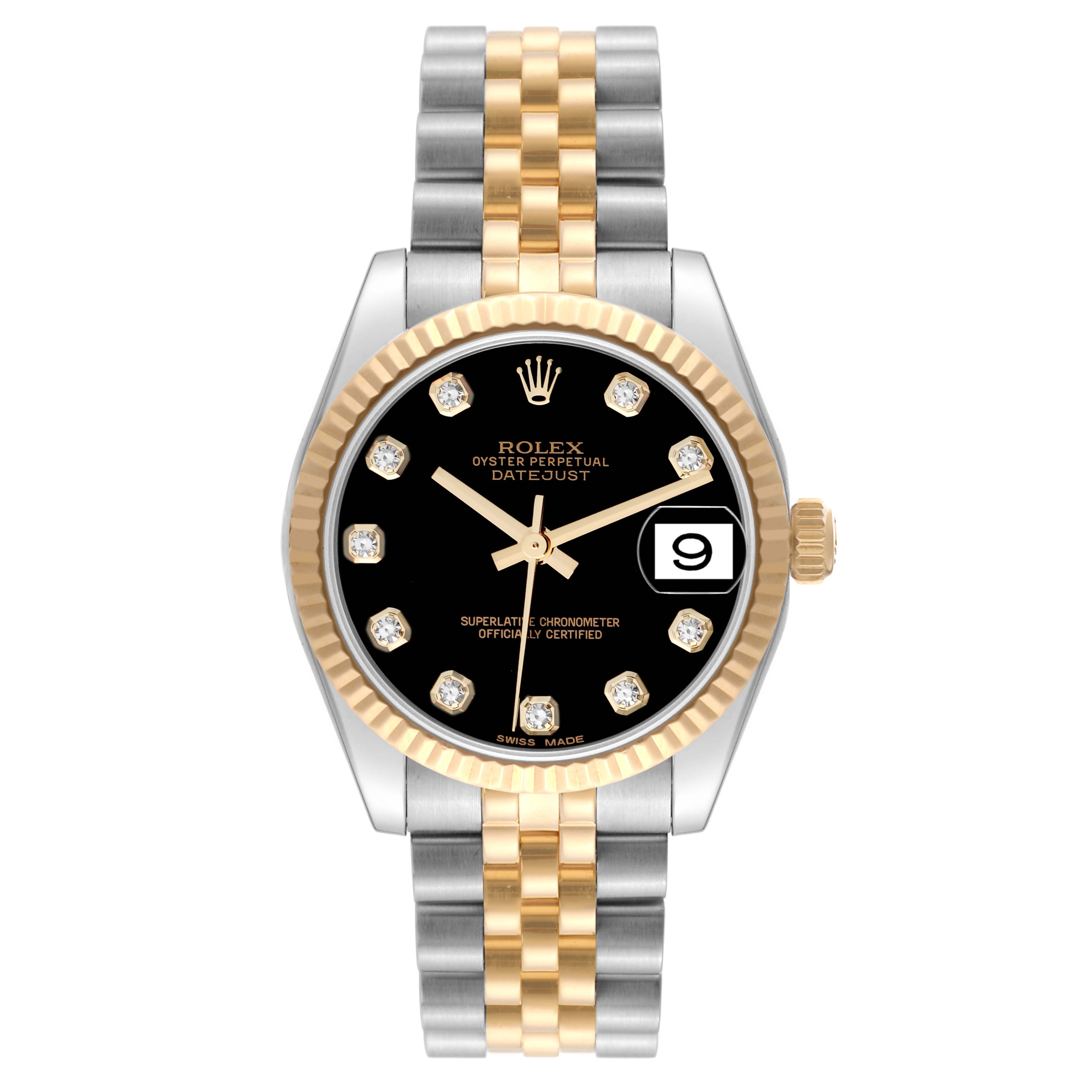 The Rolex Mid-Size 178273 Women's Steel and Gold (two tone) Black Dial 178273 Women's Steel and Gold (two tone) Black Dial Datejust watch is shown from the front, featuring a black dial, gold bezel, diamond hour markers, and a two-tone bracelet.