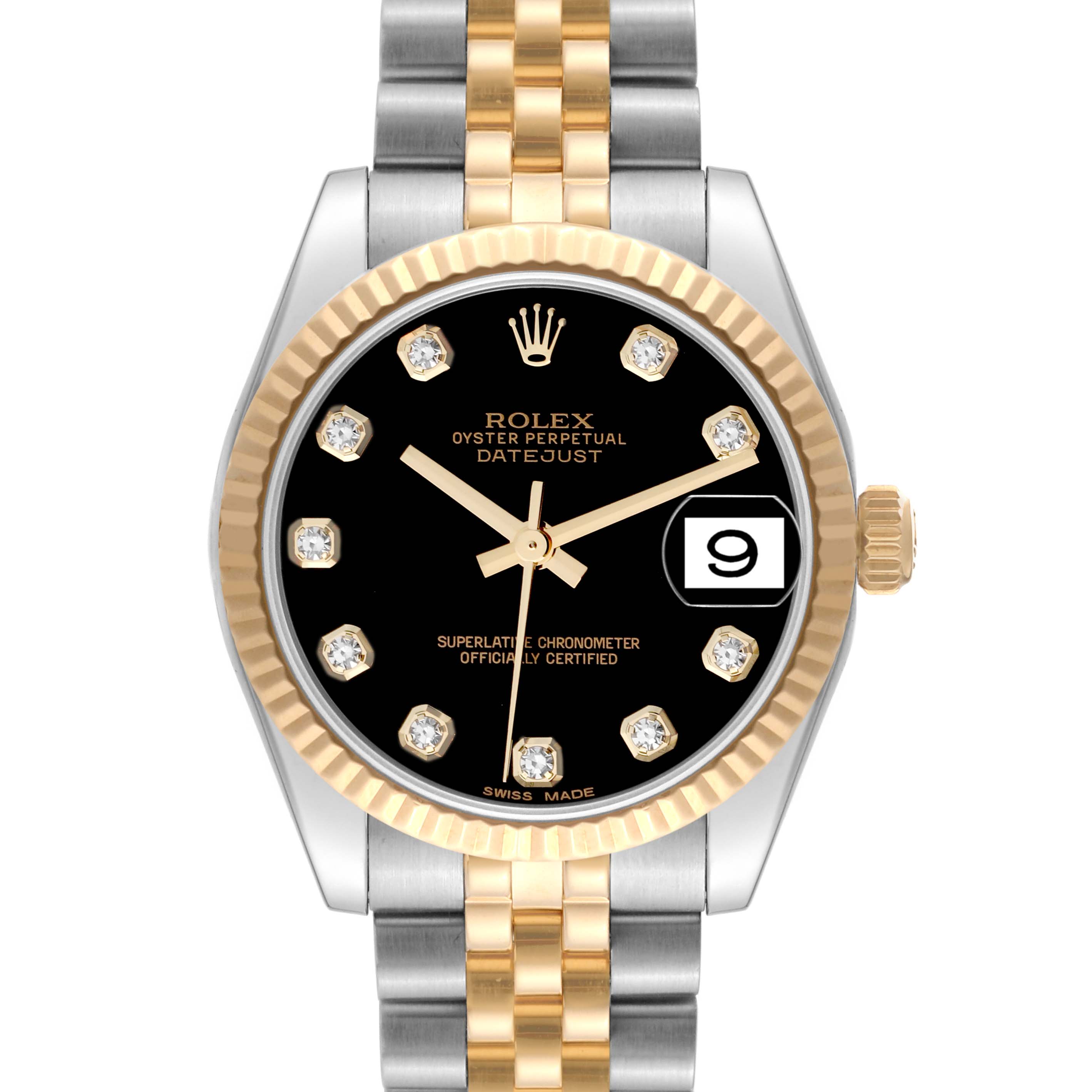 The image shows a frontal view of a Mid-Size Rolex Oyster Perpetual Datejust with a black dial, fluted bezel, and two-tone bracelet.