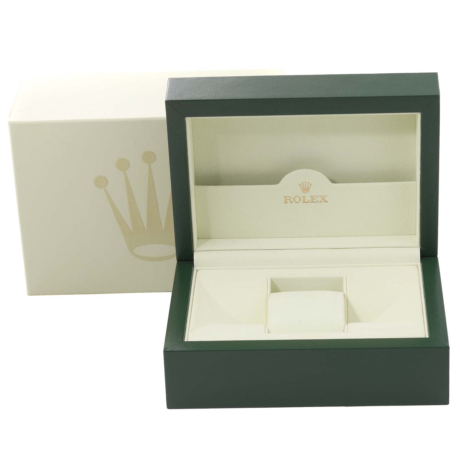 The image shows an open Rolex watch box and its outer packaging for the Mid-Size model.
