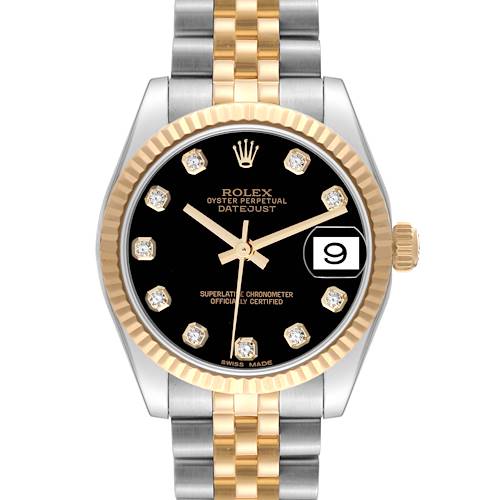 The image shows a front view of a Rolex Mid-Size Datejust watch with a black dial, gold bezel, and two-tone bracelet.