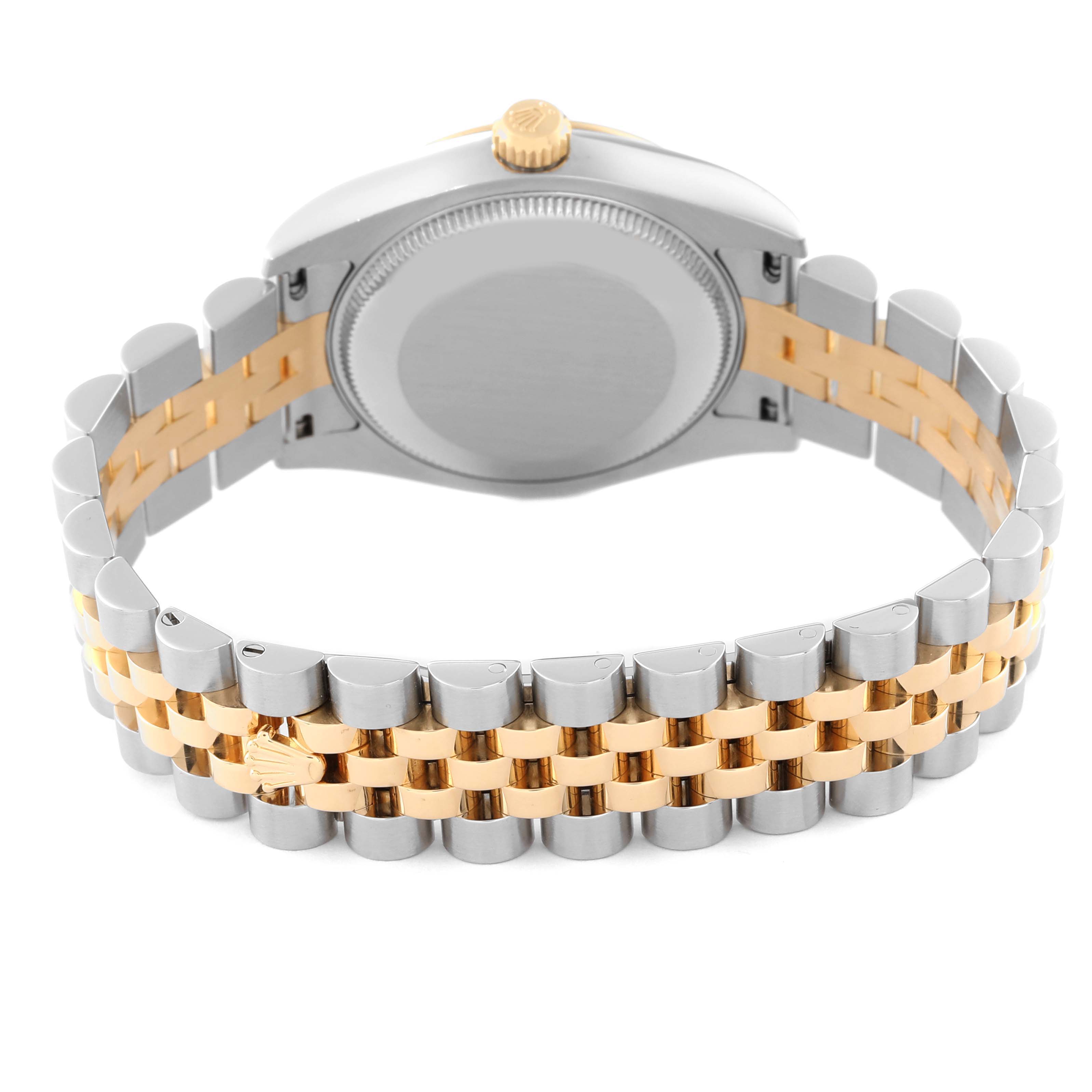 The image shows the back view of a Mid-Size Rolex watch, focusing on its two-tone metal bracelet and gold crown.