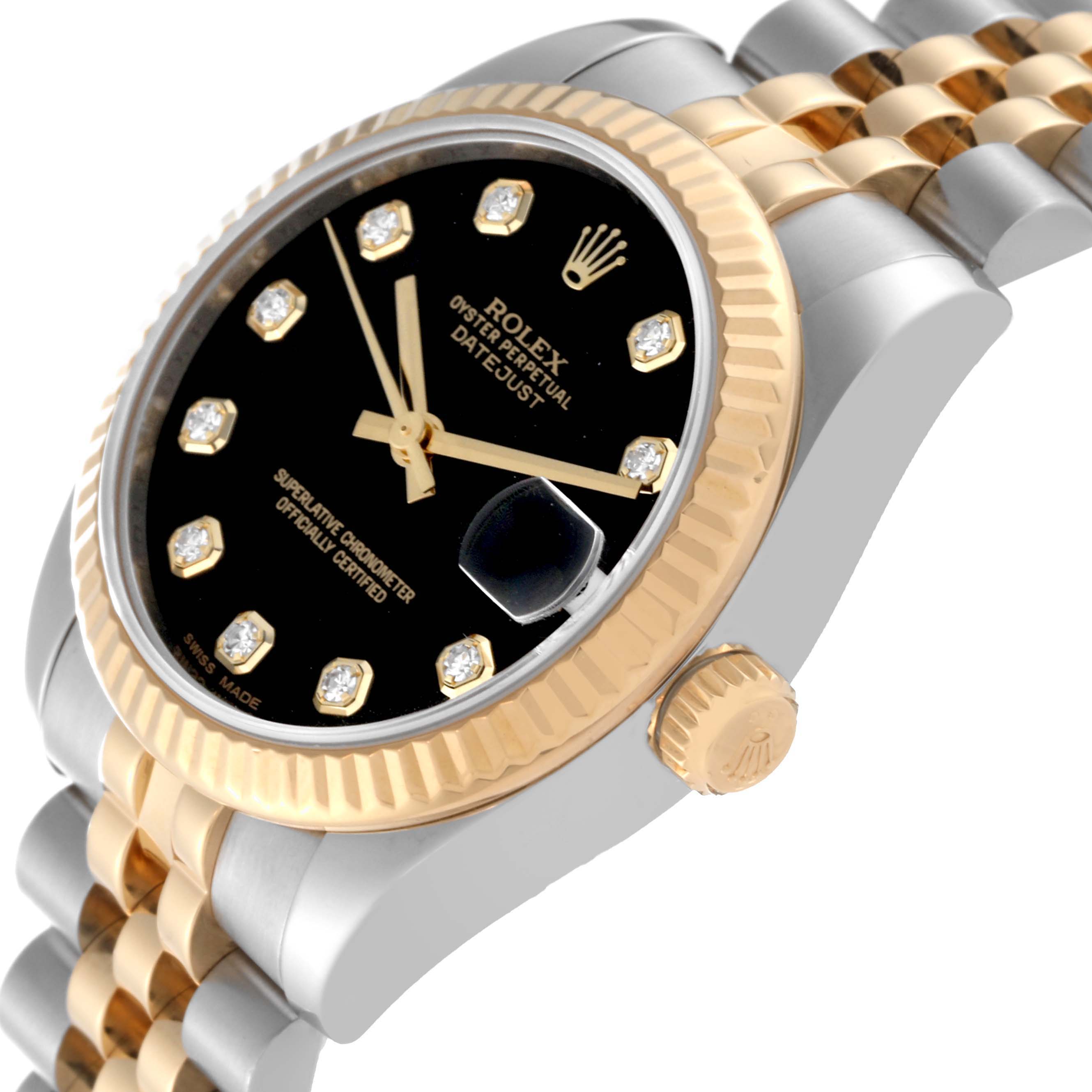 The image shows a side angle of a Mid-Size Rolex Datejust watch, highlighting the crown, bezel, and part of the bracelet.