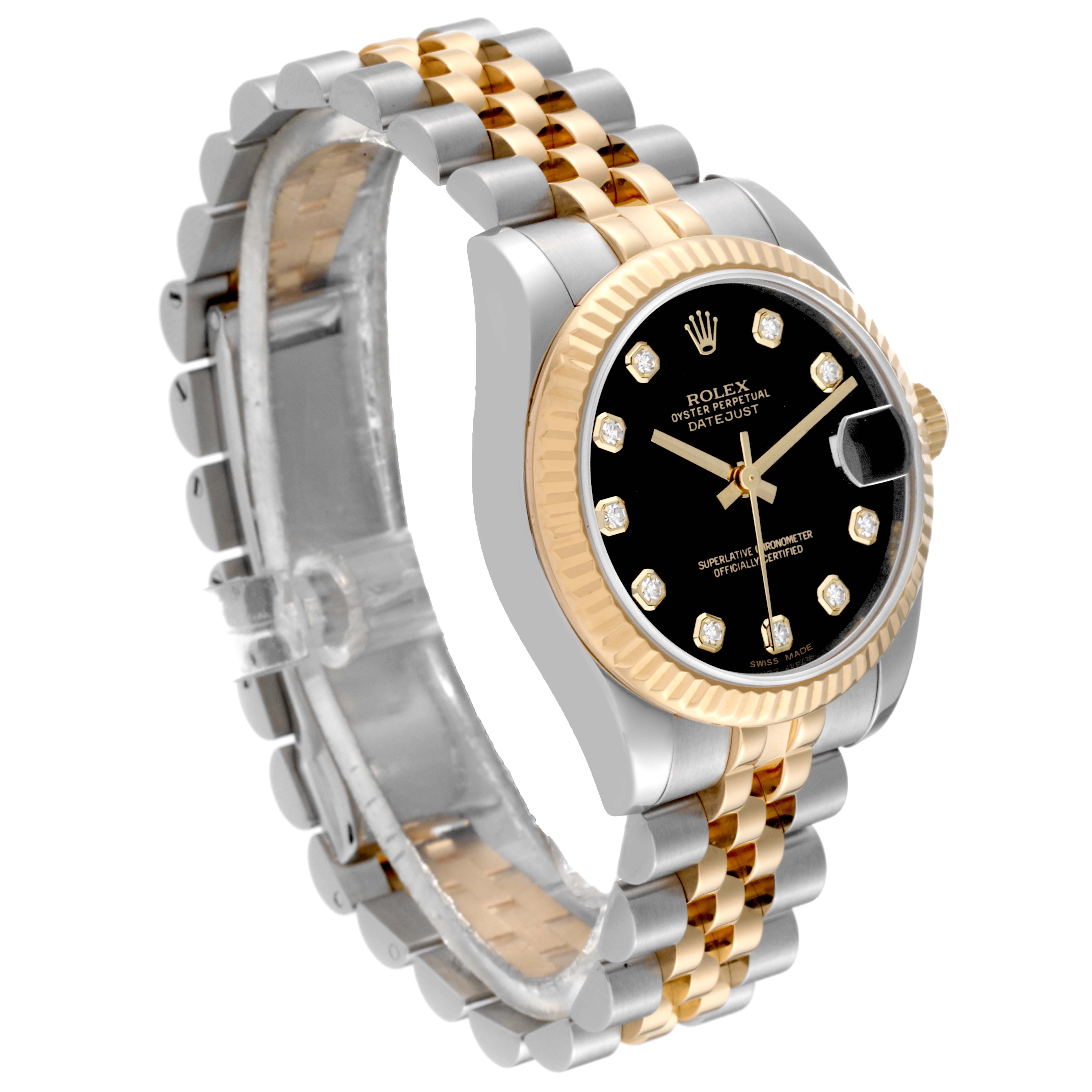 This Rolex Mid-Size 178273 Women's Steel and Gold (two tone) Black Dial 178273 Women's Steel and Gold (two tone) Black Dial Datejust watch is shown at a three-quarter angle, highlighting its black dial, dual-tone bracelet, and fluted bezel.