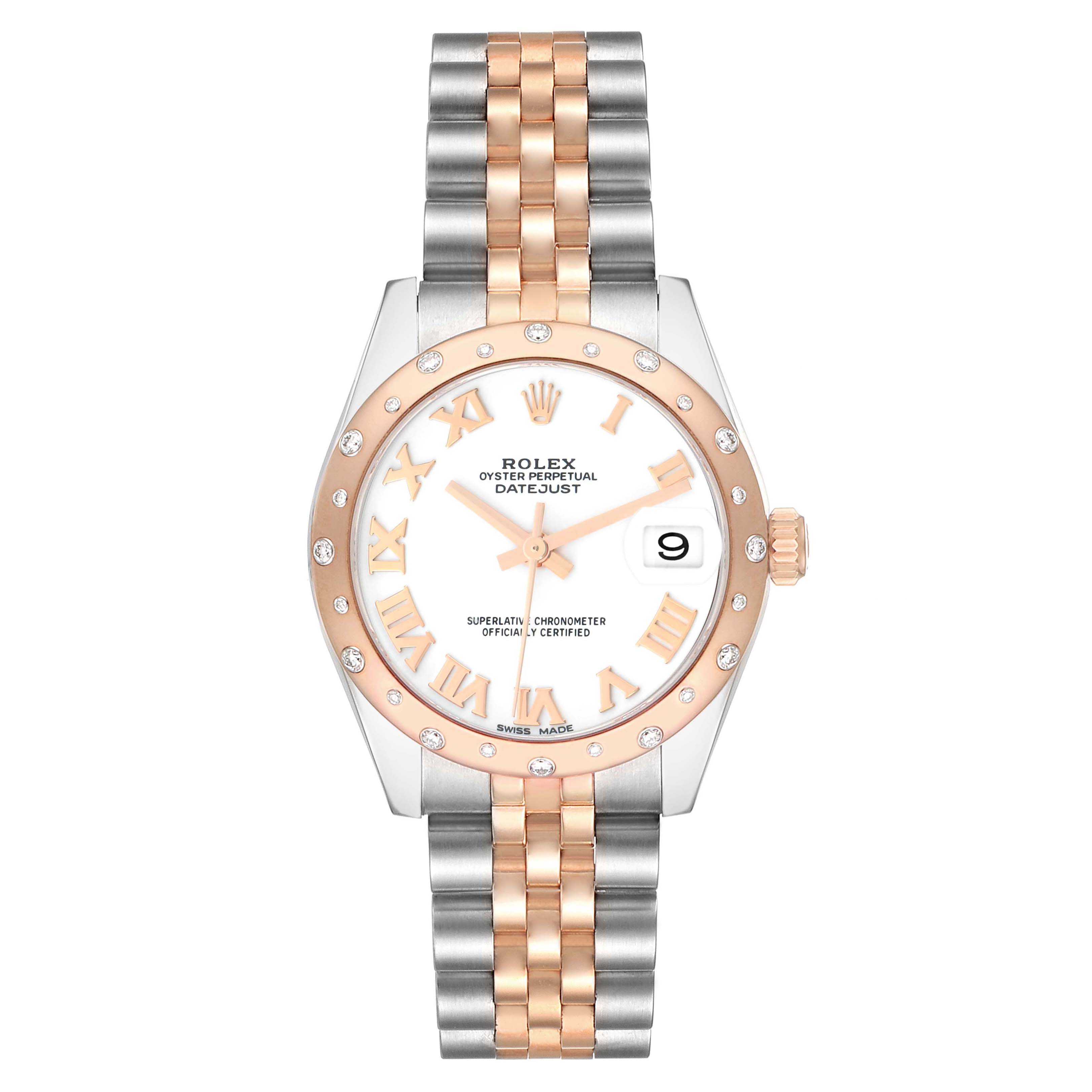 The Rolex Datejust 178341 Women's Steel and Gold (two tone) White Dial watch is shown from a top-down view, highlighting its dial, bezel, and dual-tone bracelet.