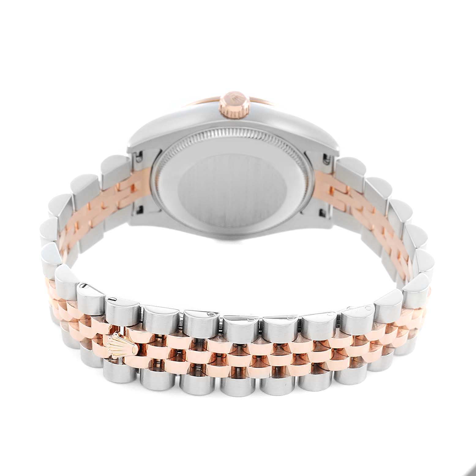 The image shows the back view of a Rolex Datejust 178341 Women's Steel and Gold (two tone) White Dial watch, featuring the case and Jubilee bracelet with steel and rose gold links.