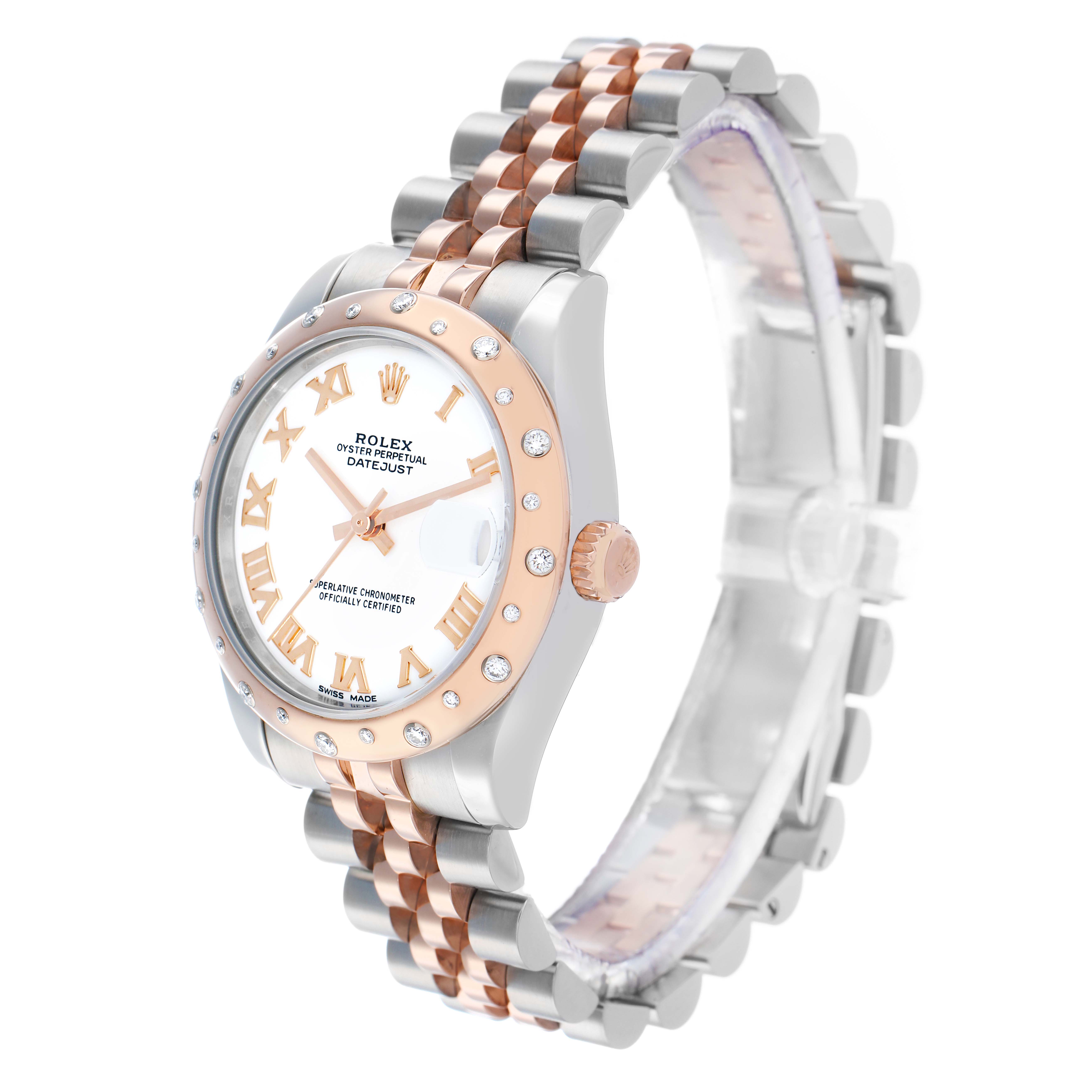 The Rolex Datejust 178341 Women's Steel and Gold (two tone) White Dial watch is shown at a three-quarter angle, highlighting the bezel, case, dial, and Jubilee bracelet.