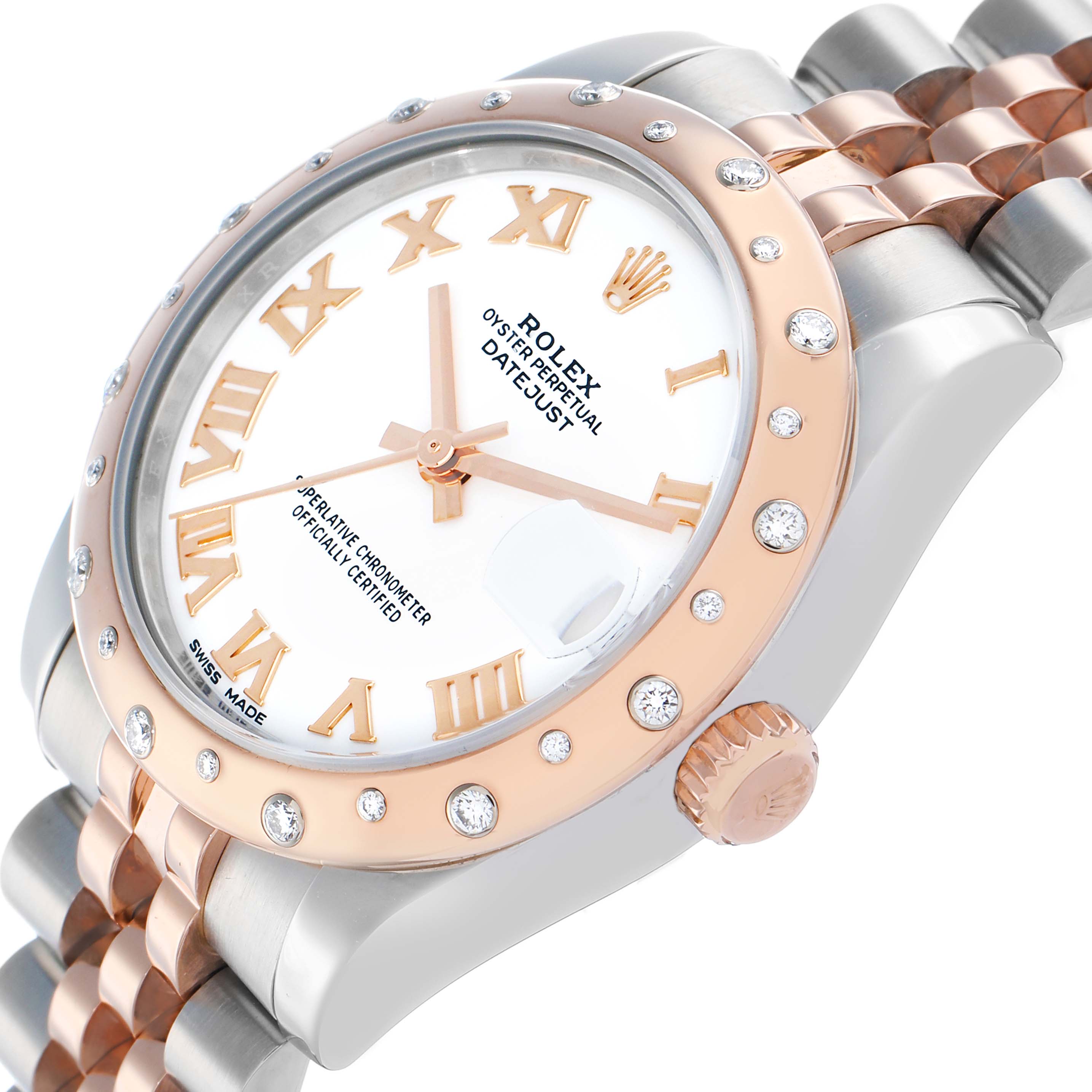 The Rolex Datejust 178341 Women's Steel and Gold (two tone) White Dial watch is shown at an angle highlighting the dial, bezel with diamonds, crown, and a part of the bracelet.