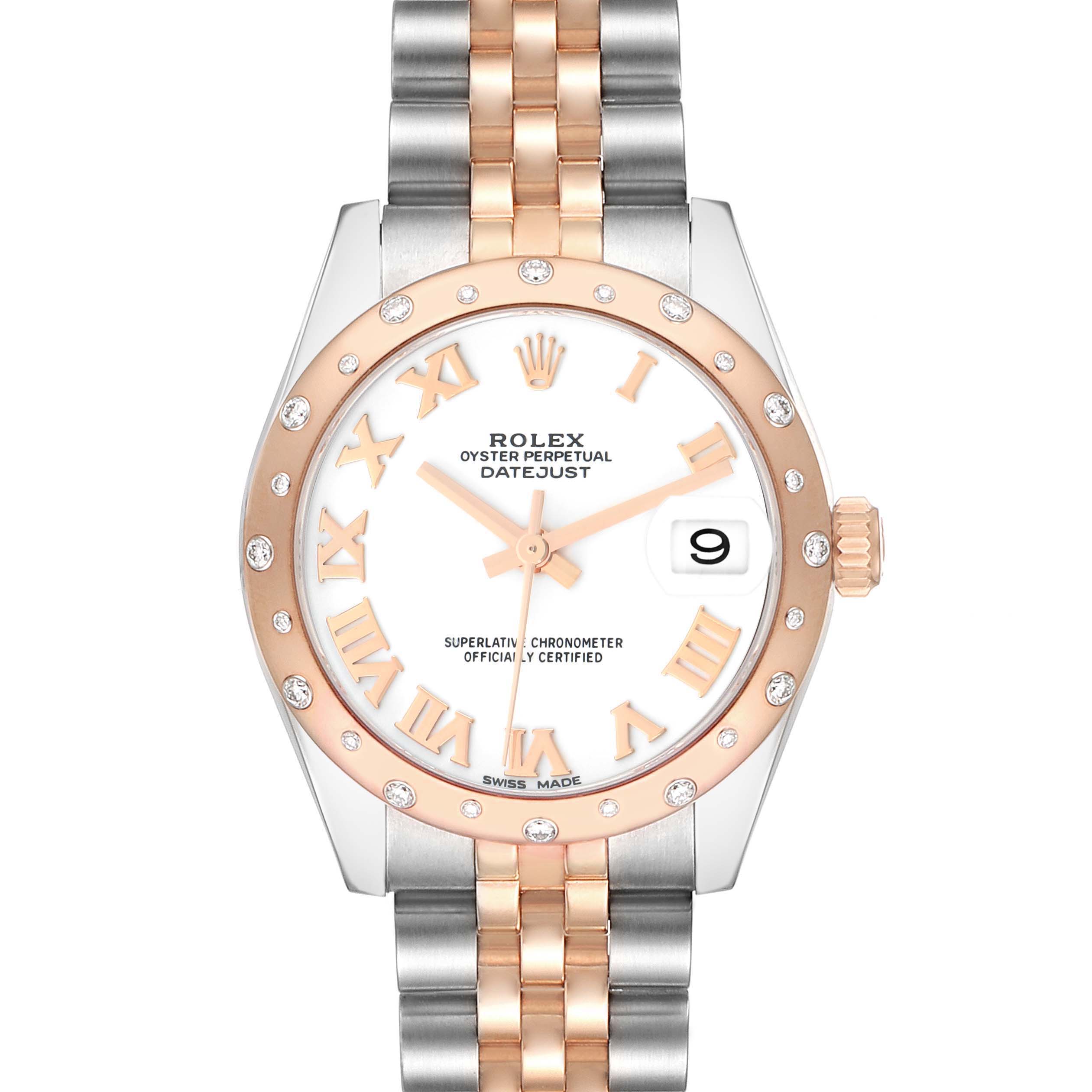 The Rolex Datejust 178341 Women's Steel and Gold (two tone) White Dial watch is shown from the front, displaying the dial, bezel, hands, Roman numerals, date window, and part of the bracelet.