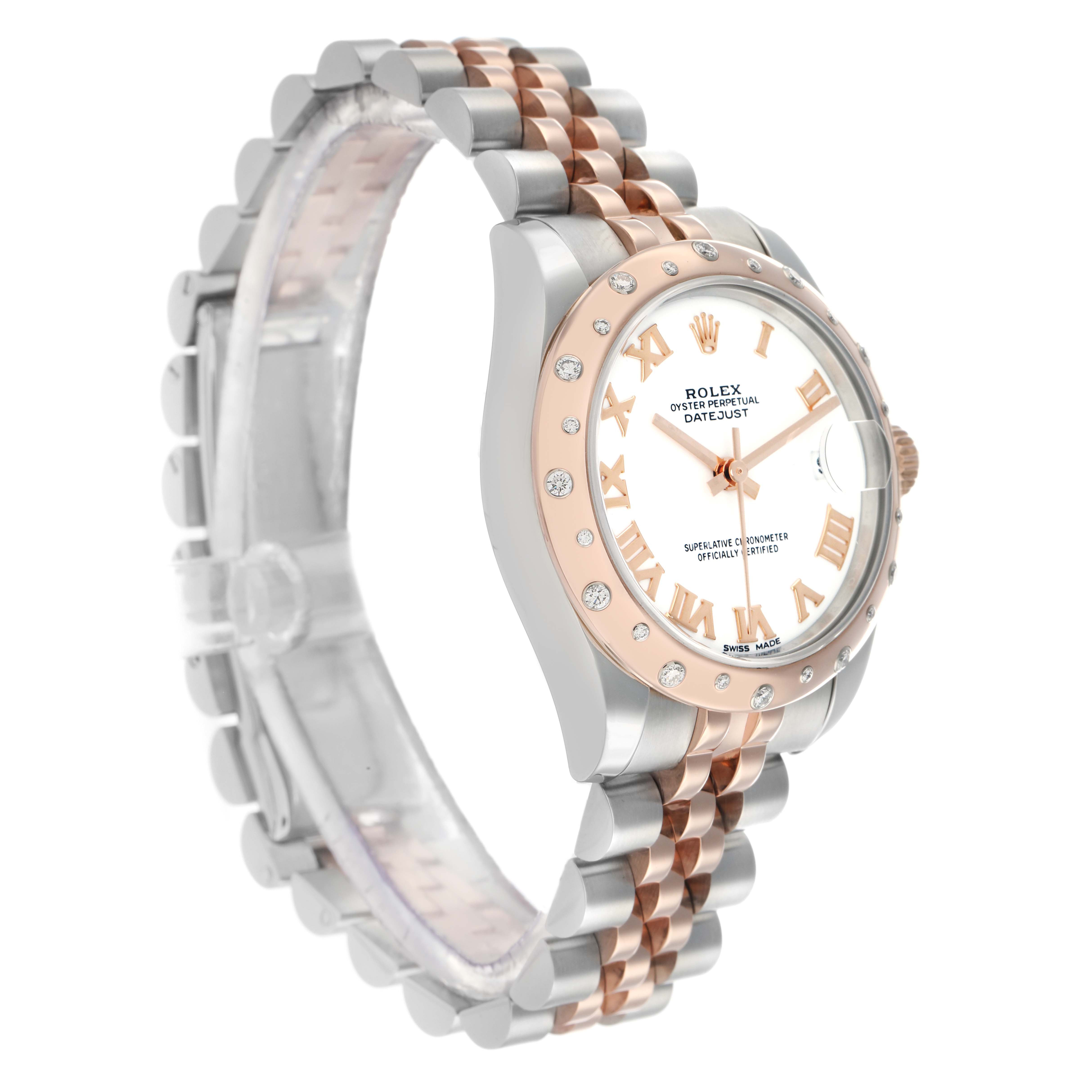 The Rolex Datejust 178341 Women's Steel and Gold (two tone) White Dial watch is shown at a slight side angle, displaying its face, bezel, crown, and part of the bracelet.