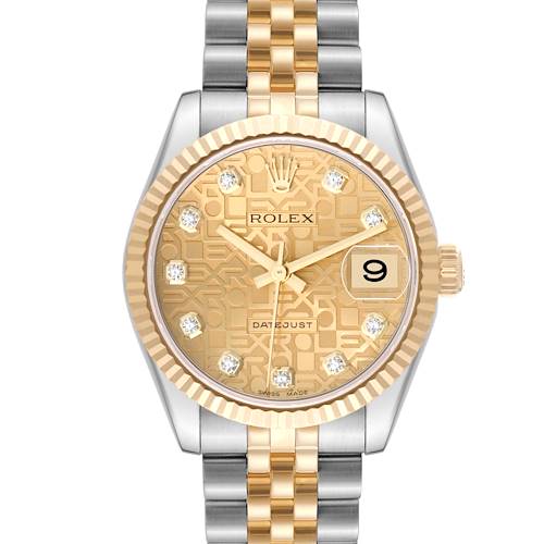 The image shows a front view of the Mid-Size Rolex Datejust watch with a two-tone bracelet and gold-colored dial.