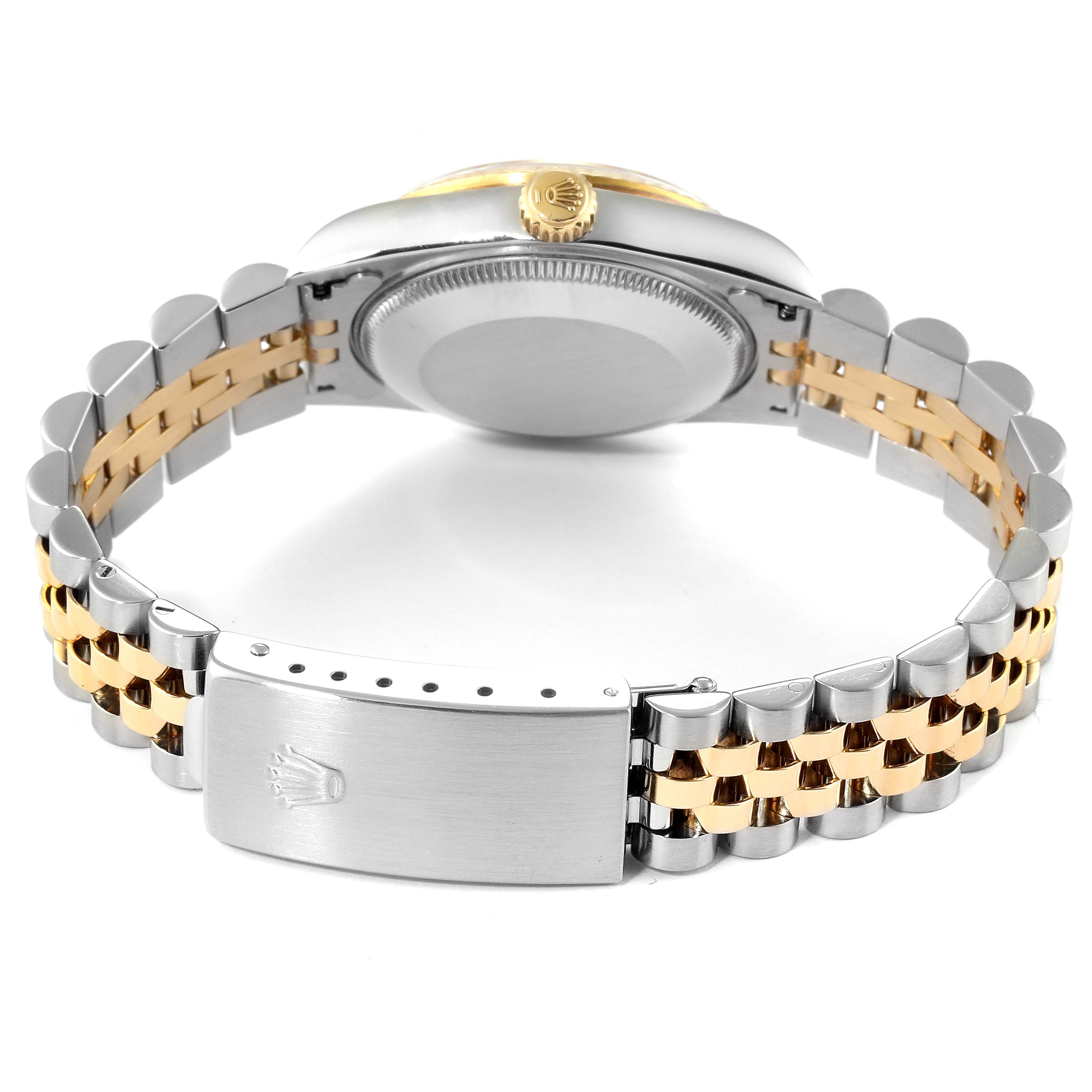 The Rolex Mid-Size 78273 Women
s Steel and Gold (two tone) White Dial 78273 Women
s Steel and Gold (two tone) White Dial model watch is shown from the back, displaying the case back, crown, and two-tone bracelet with clasp.