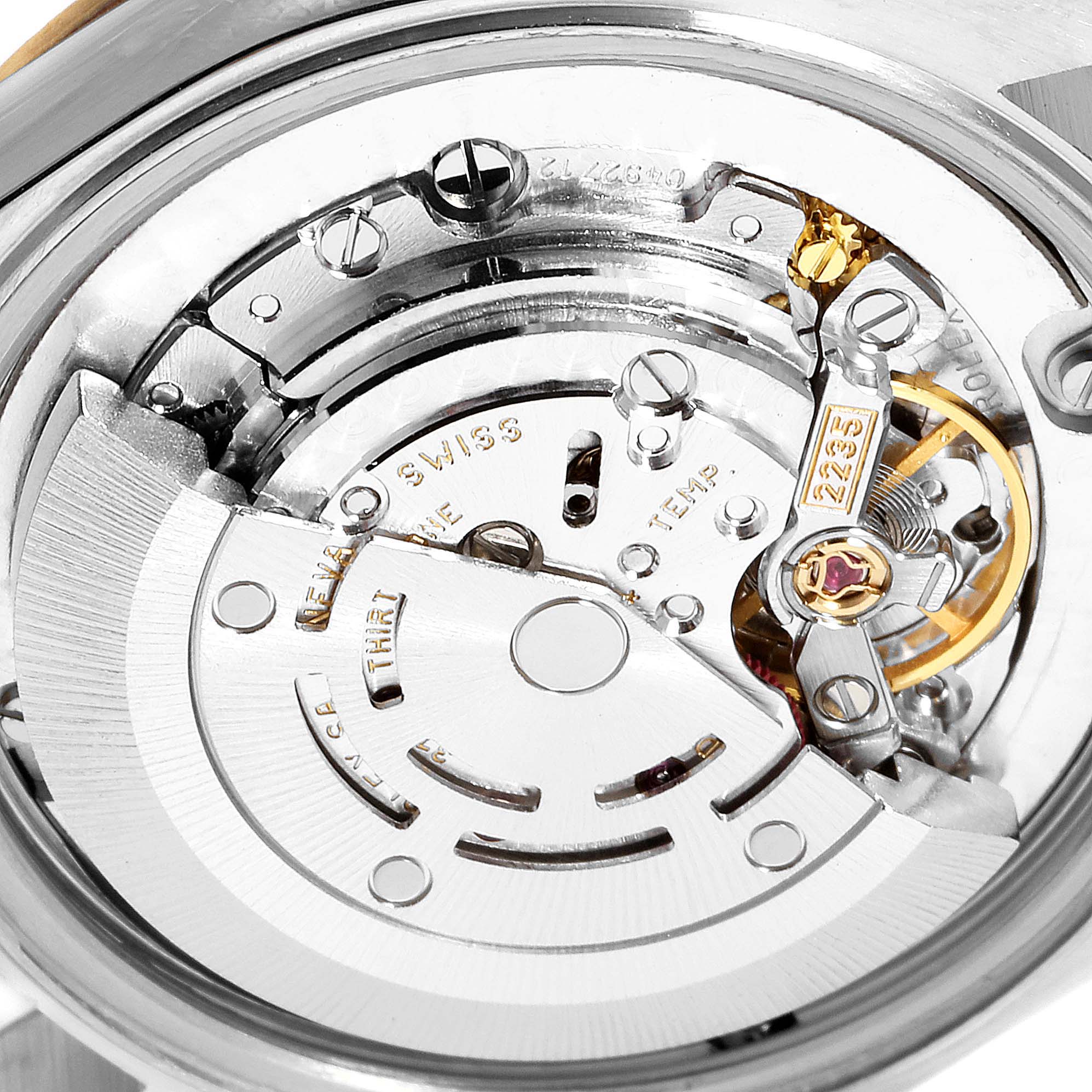 This image shows the intricate internal movement of the Rolex Mid-Size 78273 Women
s Steel and Gold (two tone) White Dial 78273 Women
s Steel and Gold (two tone) White Dial model watch from an overhead view.