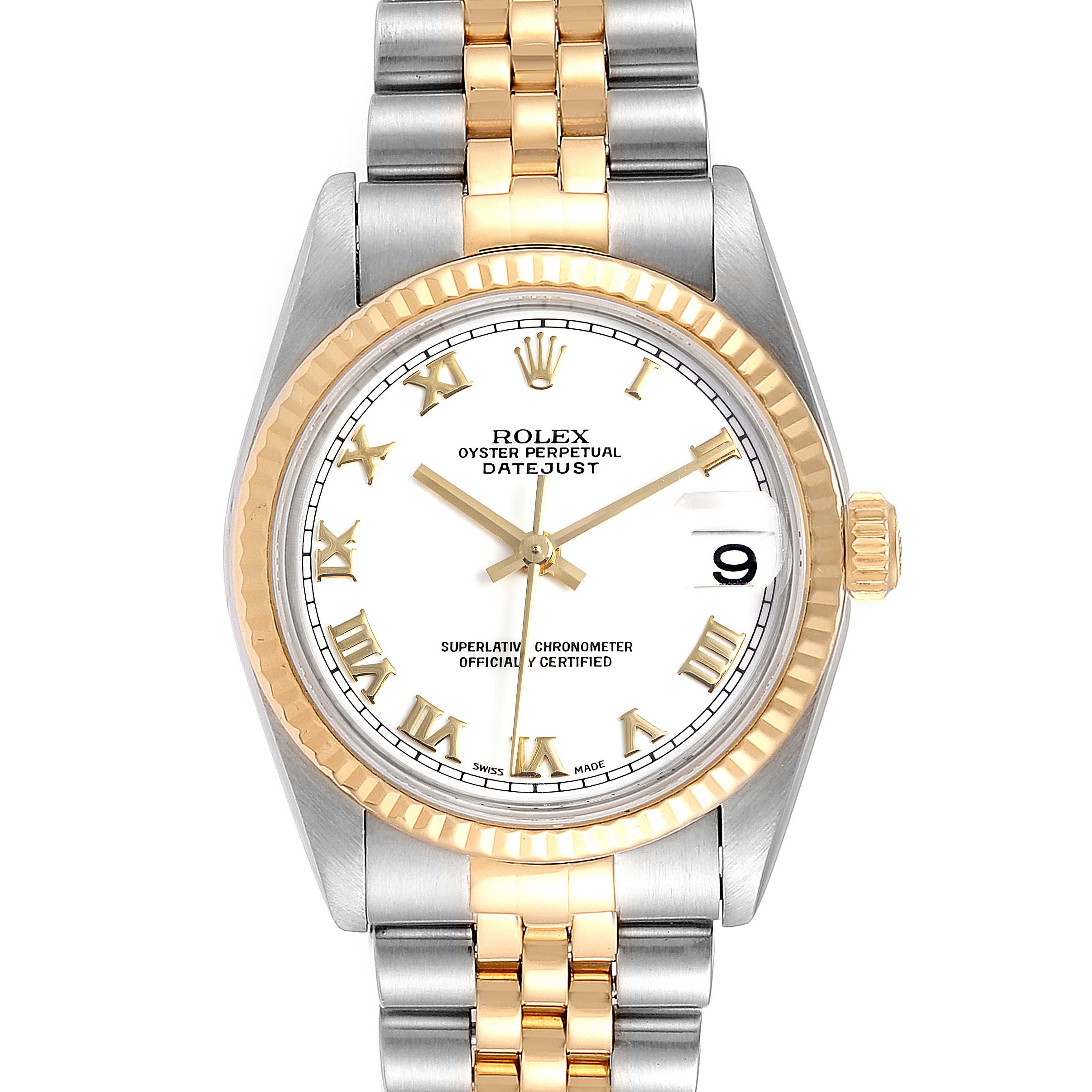 The image shows a front view of a Rolex Datejust Mid-Size watch with a two-tone bracelet and white dial with gold Roman numerals.