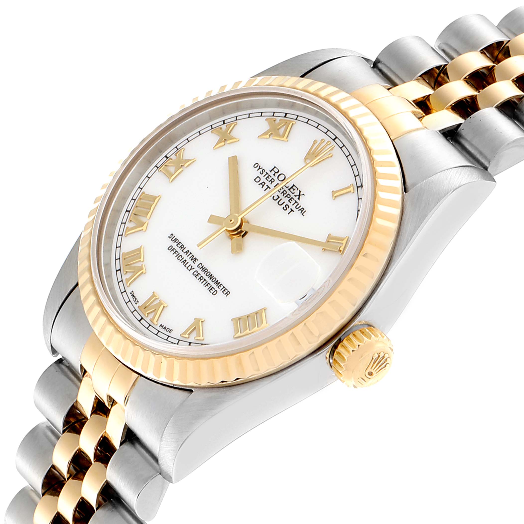 The Rolex Mid-Size 78273 Women
s Steel and Gold (two tone) White Dial 78273 Women
s Steel and Gold (two tone) White Dial model watch is shown at an angle displaying its face, bezel, crown, and part of the bracelet.