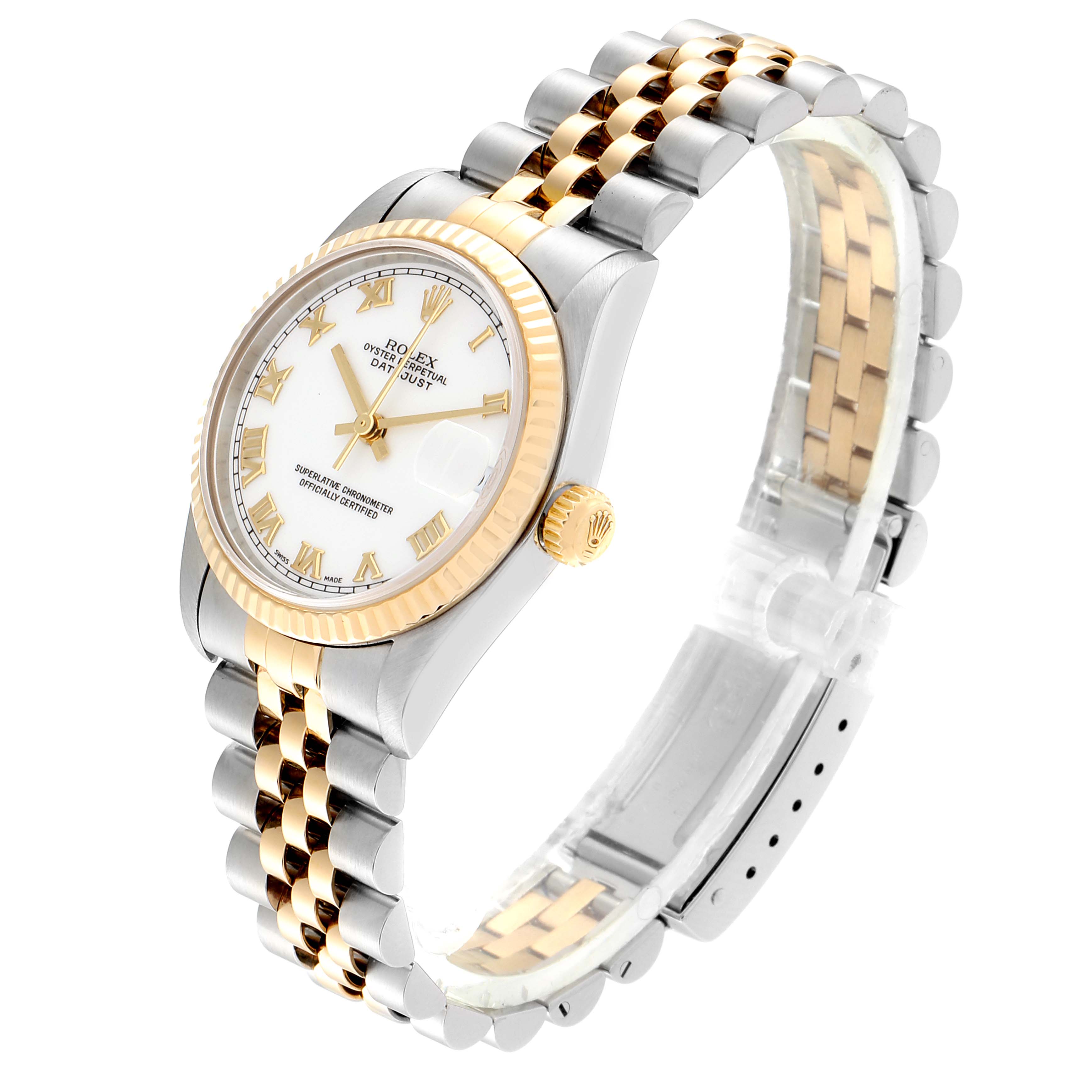 This is a side-angle view of a mid-size Rolex watch, showing the face, bezel, crown, and part of the bracelet.