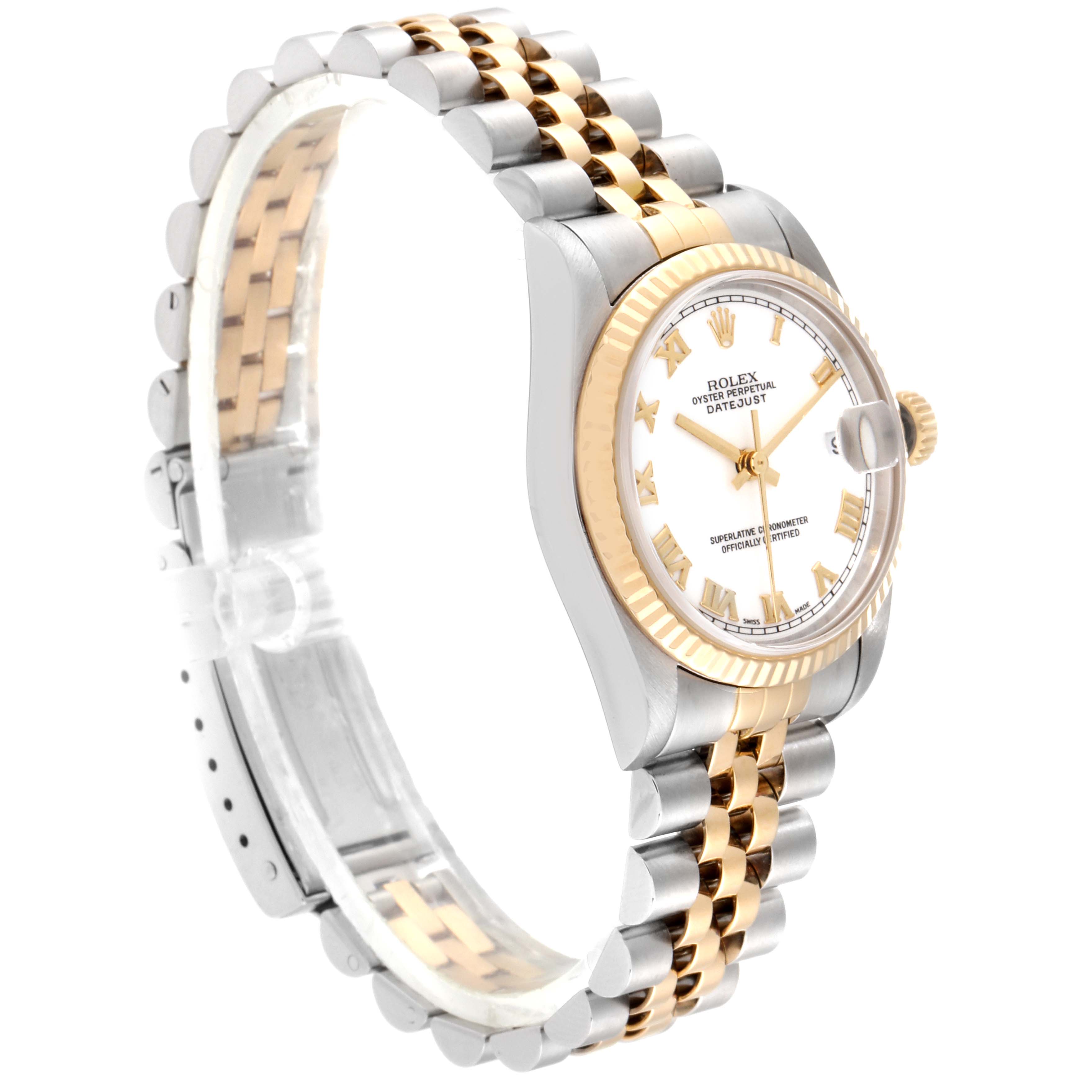 The image shows a side angle of the Rolex Mid-Size 78273 Women
s Steel and Gold (two tone) White Dial 78273 Women
s Steel and Gold (two tone) White Dial model, displaying the dial, bezel, and bracelet.
