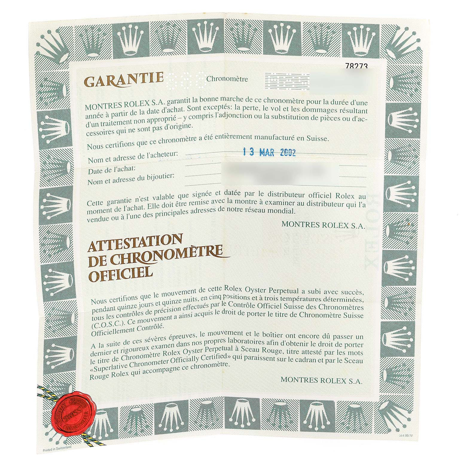 The image shows a warranty and certification paper for a Mid-Size Rolex watch, featuring green borders with Rolex logos.