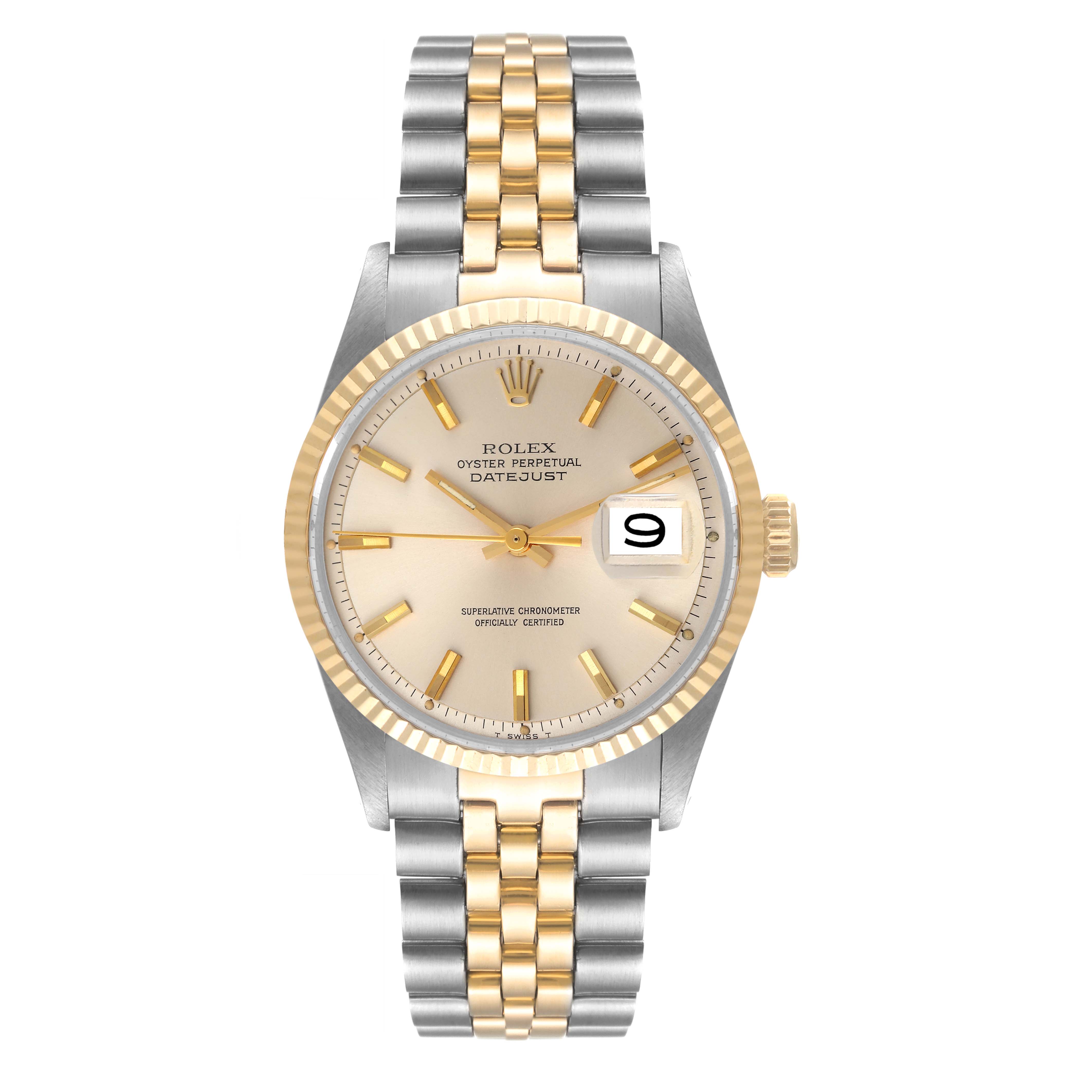 The image shows a front view of a Rolex Vintage Collection 1601 Men's Steel and Gold (two tone) Silver Dial 1601 Men's Steel and Gold (two tone) Silver Dial Oyster Perpetual Datejust watch with a two-tone bracelet and date display.