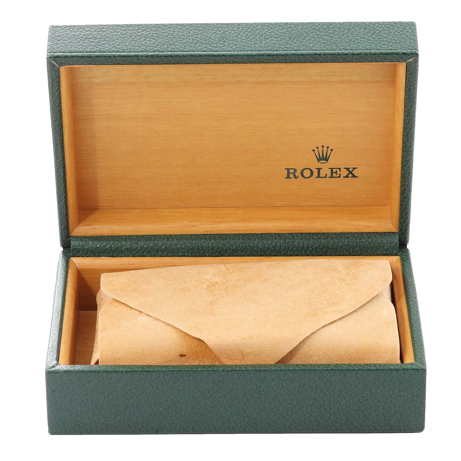 The image shows a Rolex Vintage Collection 1601 Men's Steel and Gold (two tone) Silver Dial 1601 Men's Steel and Gold (two tone) Silver Dial watch box, open with a paper-wrapped item inside.