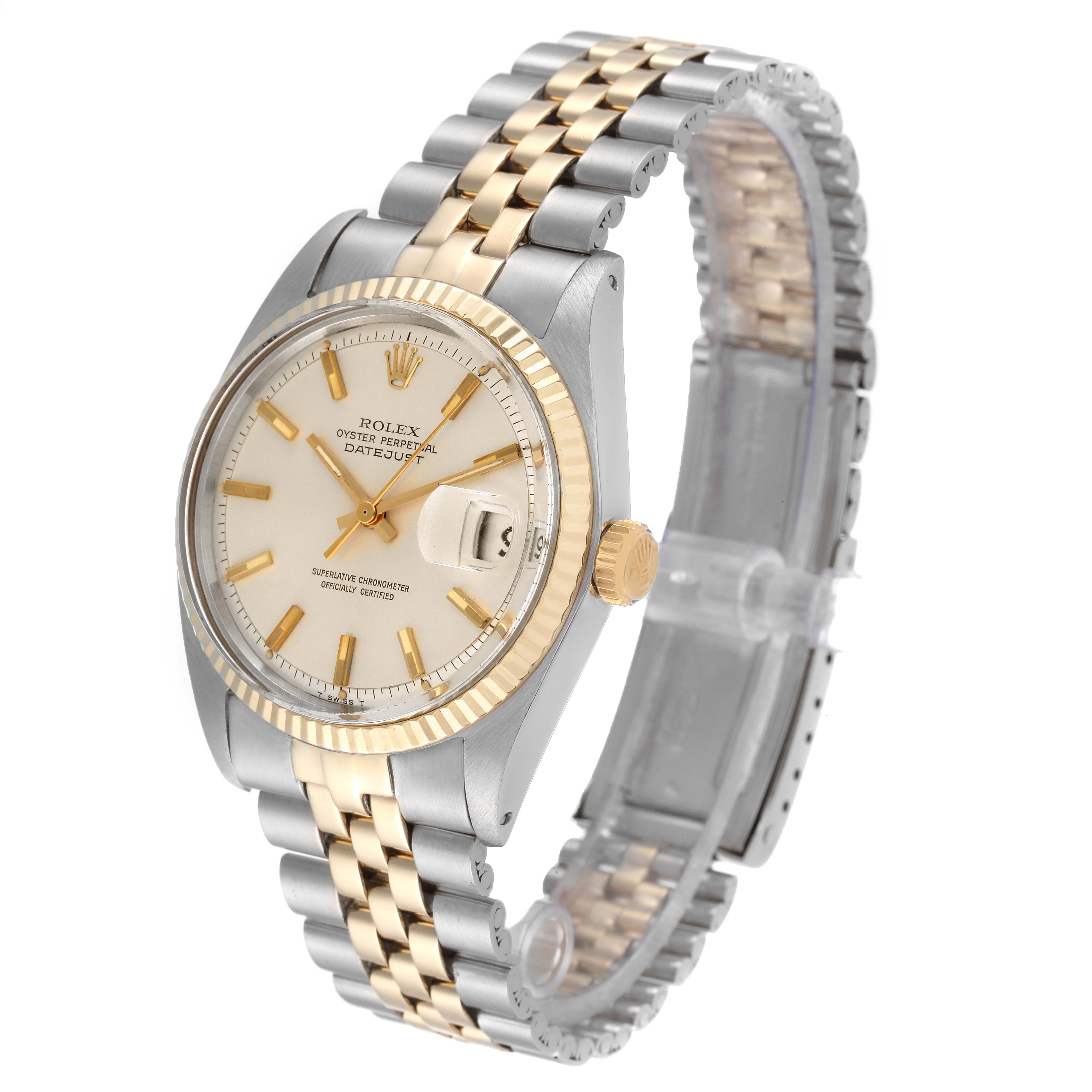 The image shows a three-quarter view of the Rolex Vintage Collection 1601 Men's Steel and Gold (two tone) Silver Dial 1601 Men's Steel and Gold (two tone) Silver Dial Datejust watch, highlighting the dial, bezel, and bracelet.
