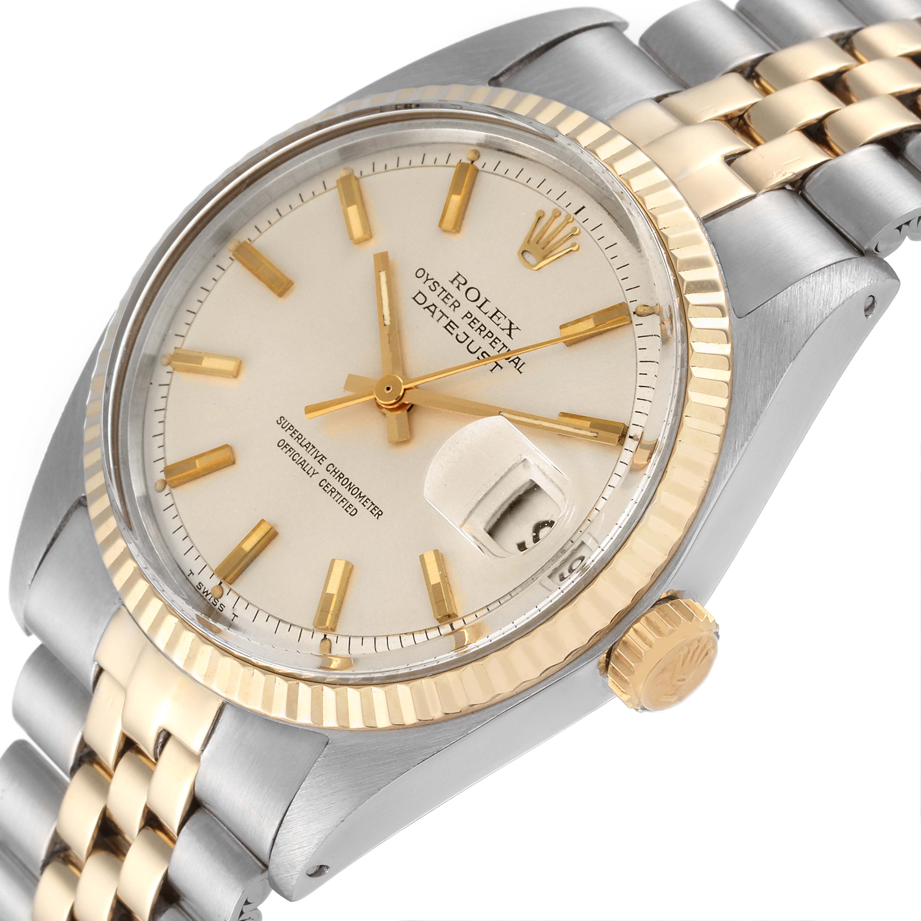This image shows a close-up of a Rolex Vintage Collection 1601 Men's Steel and Gold (two tone) Silver Dial 1601 Men's Steel and Gold (two tone) Silver Dial watch, featuring the dial, bezel, crown, and a portion of the bracelet.