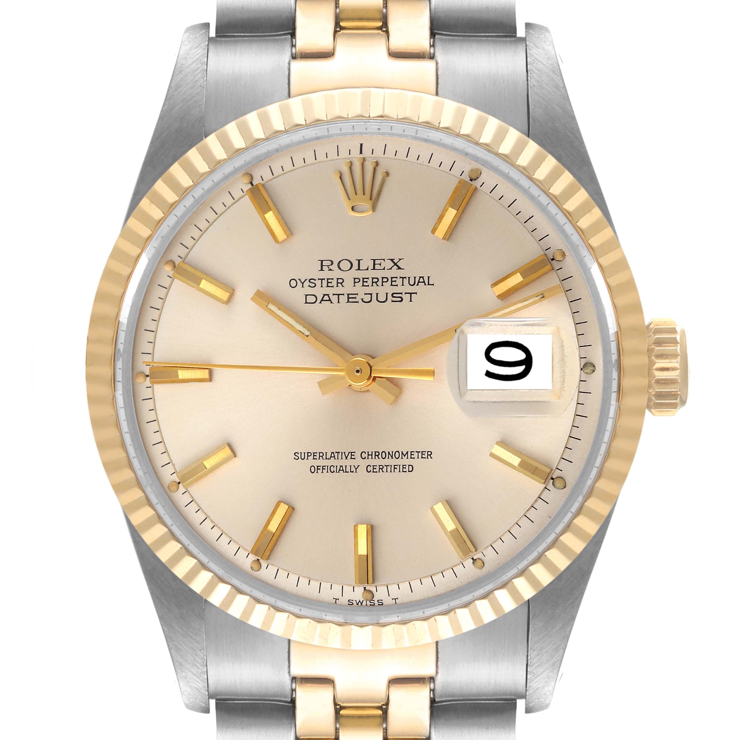 The Vintage Collection Rolex watch is shown from a front angle, displaying its dial, bezel, hour markers, hands, date window, and part of the bracelet.