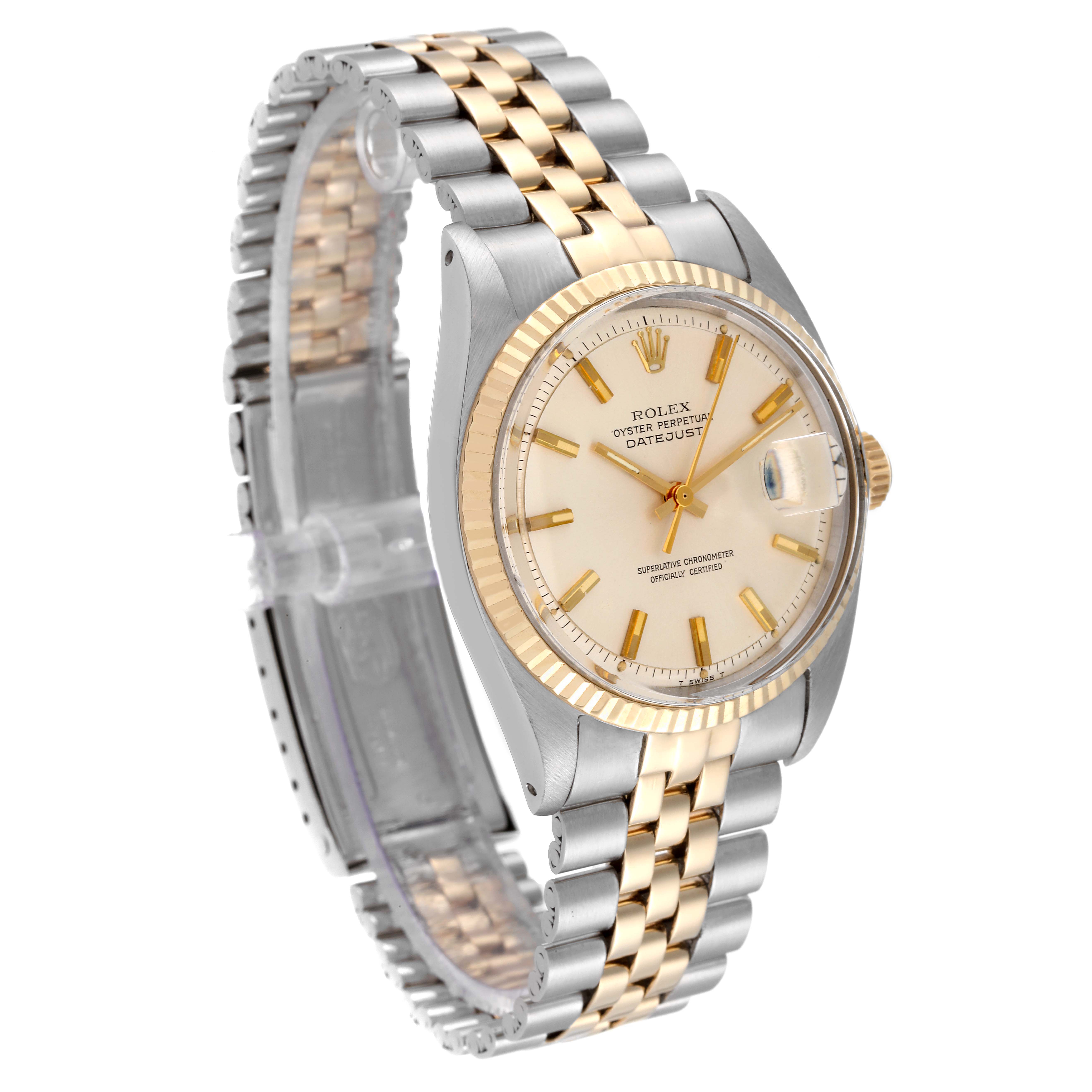 The image shows a Rolex Vintage Collection 1601 Men's Steel and Gold (two tone) Silver Dial 1601 Men's Steel and Gold (two tone) Silver Dial Datejust watch angled to display the face, bezel, and two-tone bracelet.