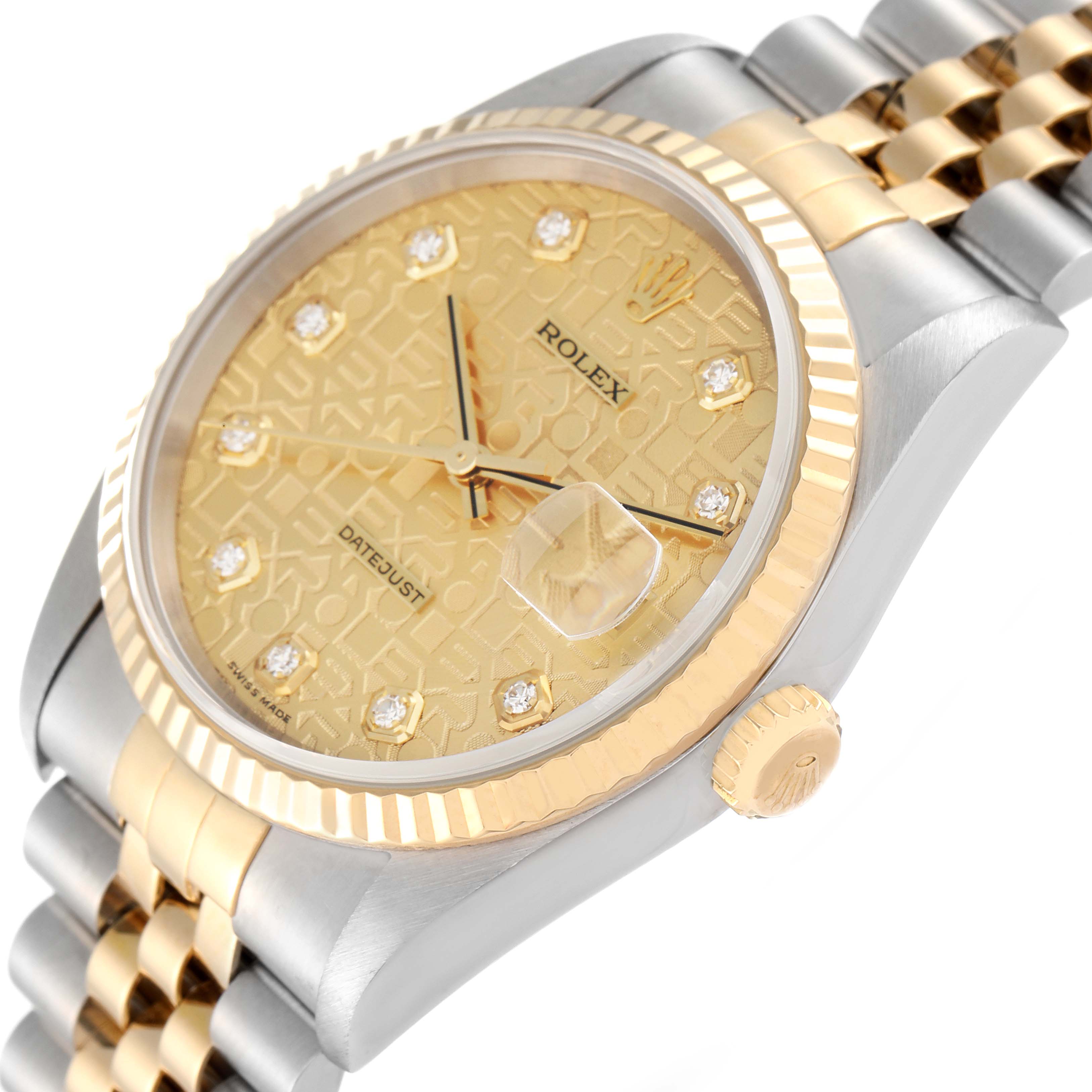 The Rolex Datejust 16233 Men's Steel and Gold (two tone) Champagne Dial 16233 Men's Steel and Gold (two tone) Champagne Dial watch is shown from an angled side view, highlighting its gold dial, fluted bezel, and two-tone Jubilee bracelet.