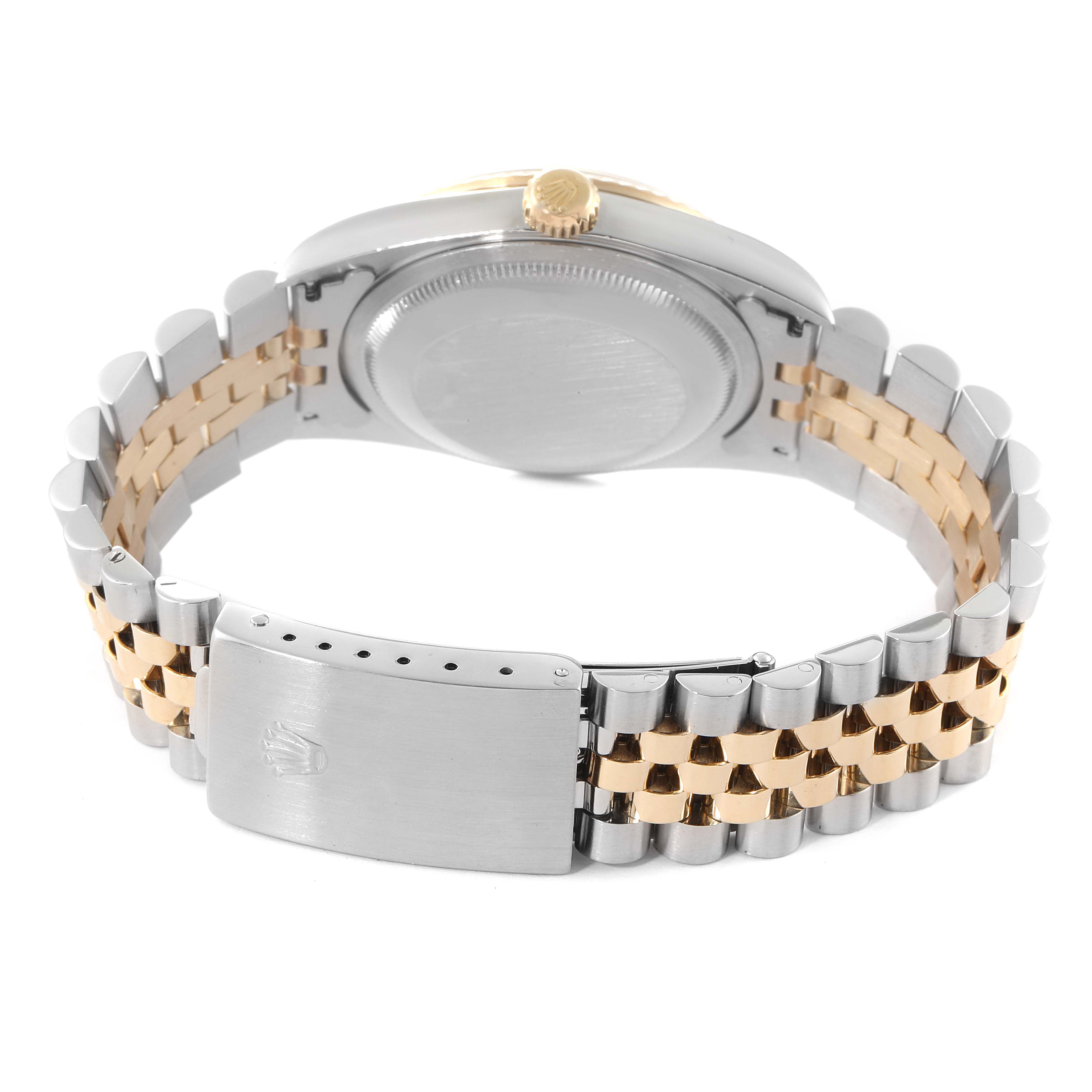 The image shows the back view of a Rolex Datejust 16233 Men's Steel and Gold (two tone) Champagne Dial 16233 Men's Steel and Gold (two tone) Champagne Dial watch, highlighting the case back, crown, and two-tone Jubilee bracelet with clasp.