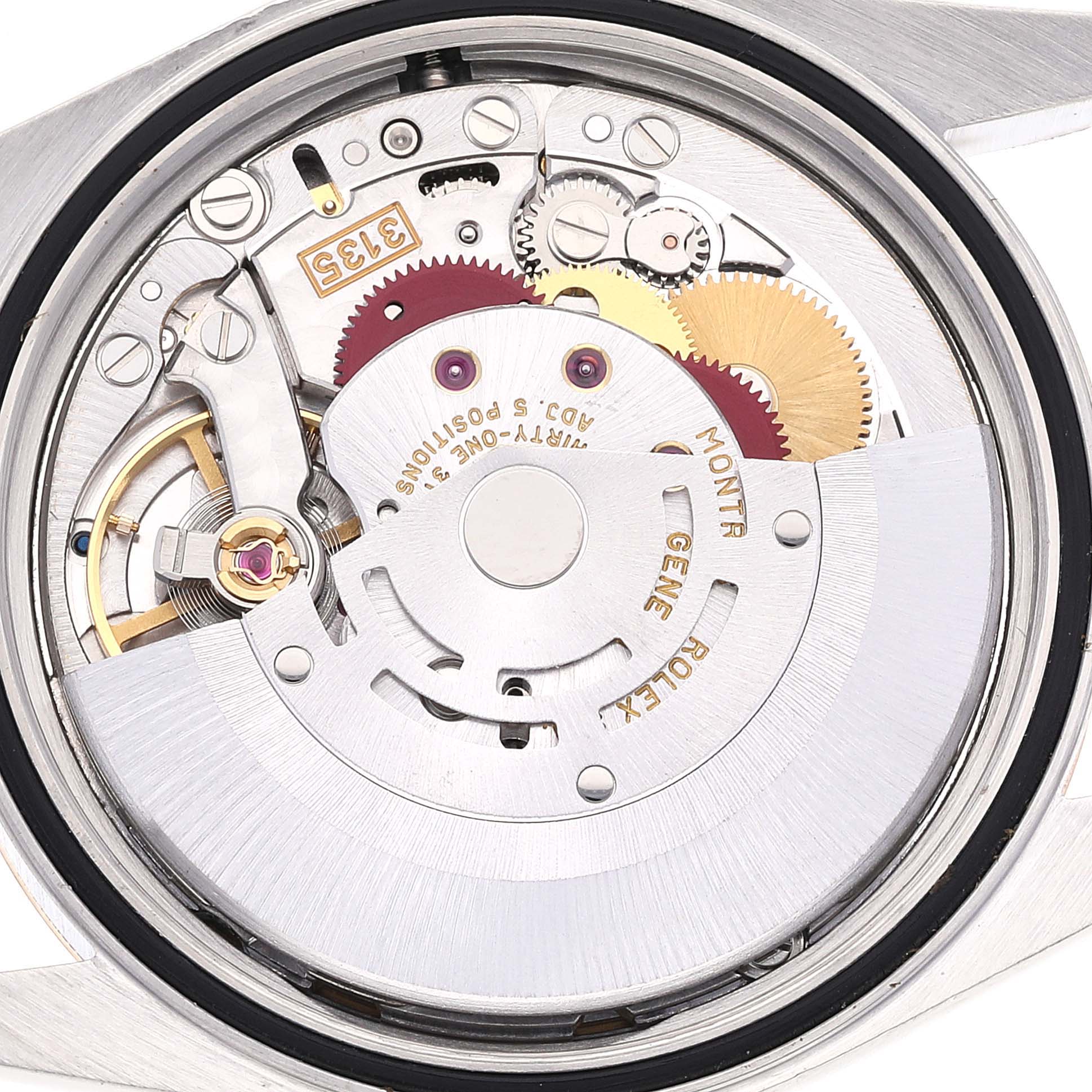 The image shows a close-up view of the movement mechanism inside a Rolex Datejust 16233 Men's Steel and Gold (two tone) Champagne Dial 16233 Men's Steel and Gold (two tone) Champagne Dial watch.
