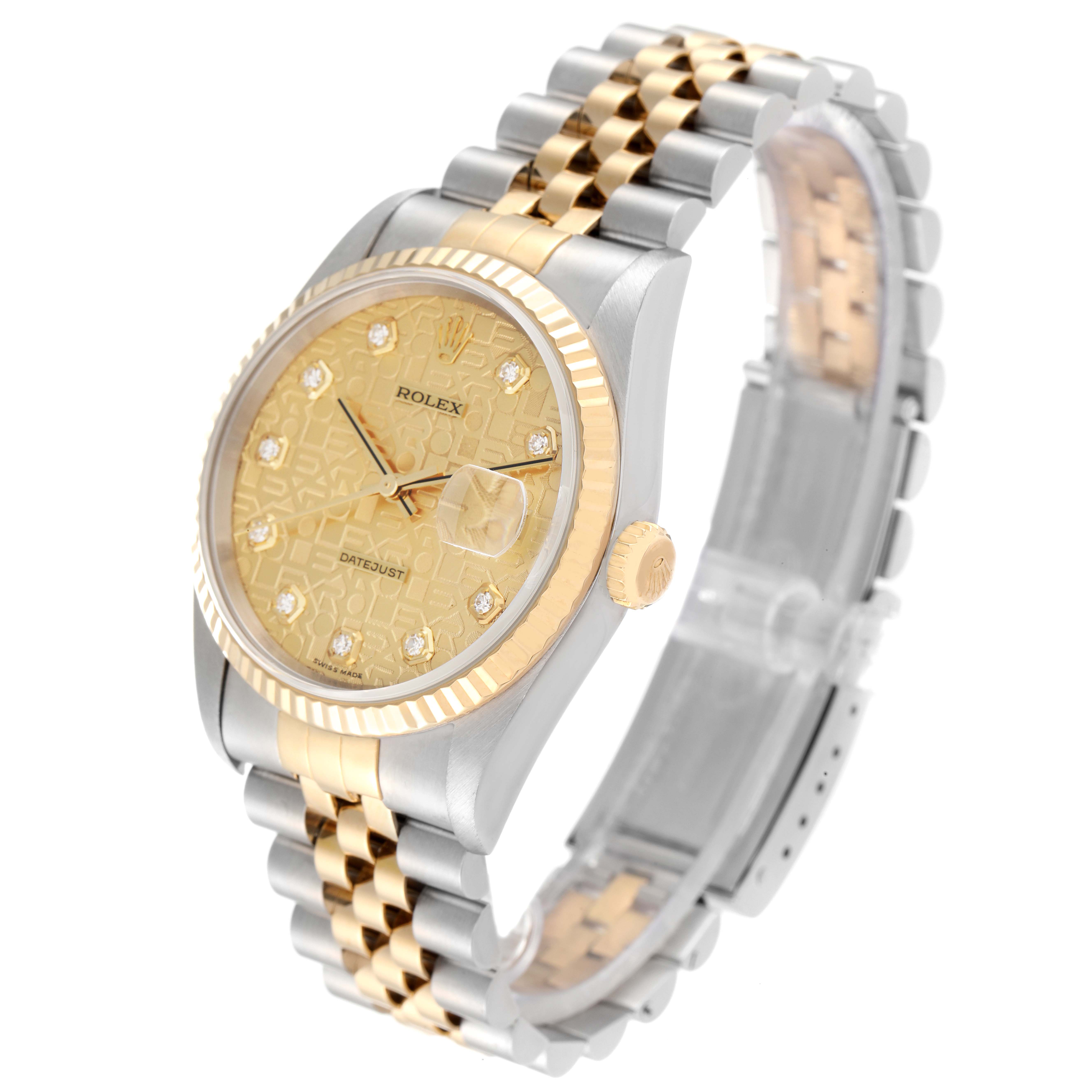 This Rolex Datejust 16233 Men's Steel and Gold (two tone) Champagne Dial 16233 Men's Steel and Gold (two tone) Champagne Dial watch is shown at a slightly tilted angle, highlighting its gold and silver bracelet and champagne dial with diamond markers.