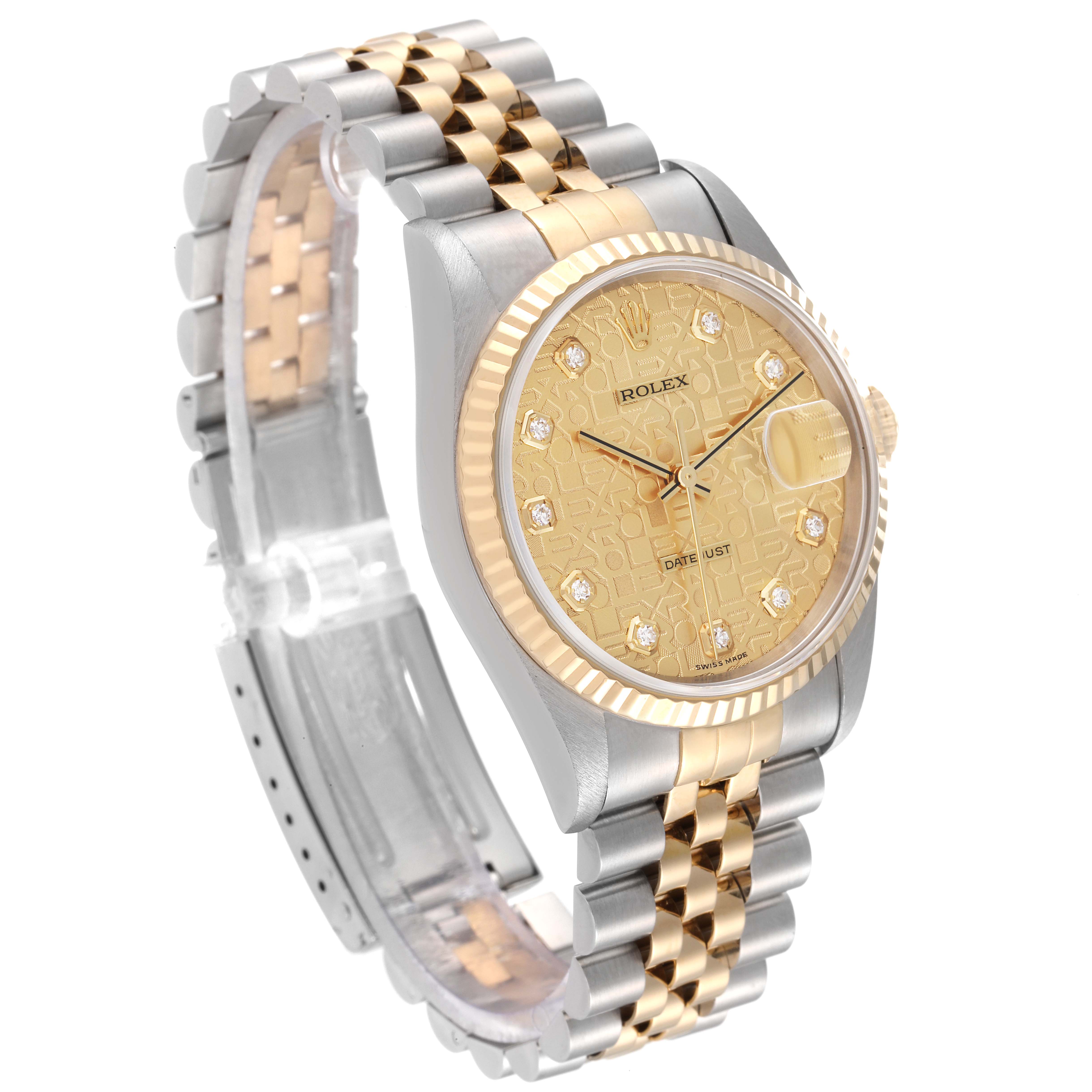 This image showcases a Rolex Datejust 16233 Men's Steel and Gold (two tone) Champagne Dial 16233 Men's Steel and Gold (two tone) Champagne Dial watch at an angled view, highlighting its two-tone bracelet, dial, and fluted bezel.