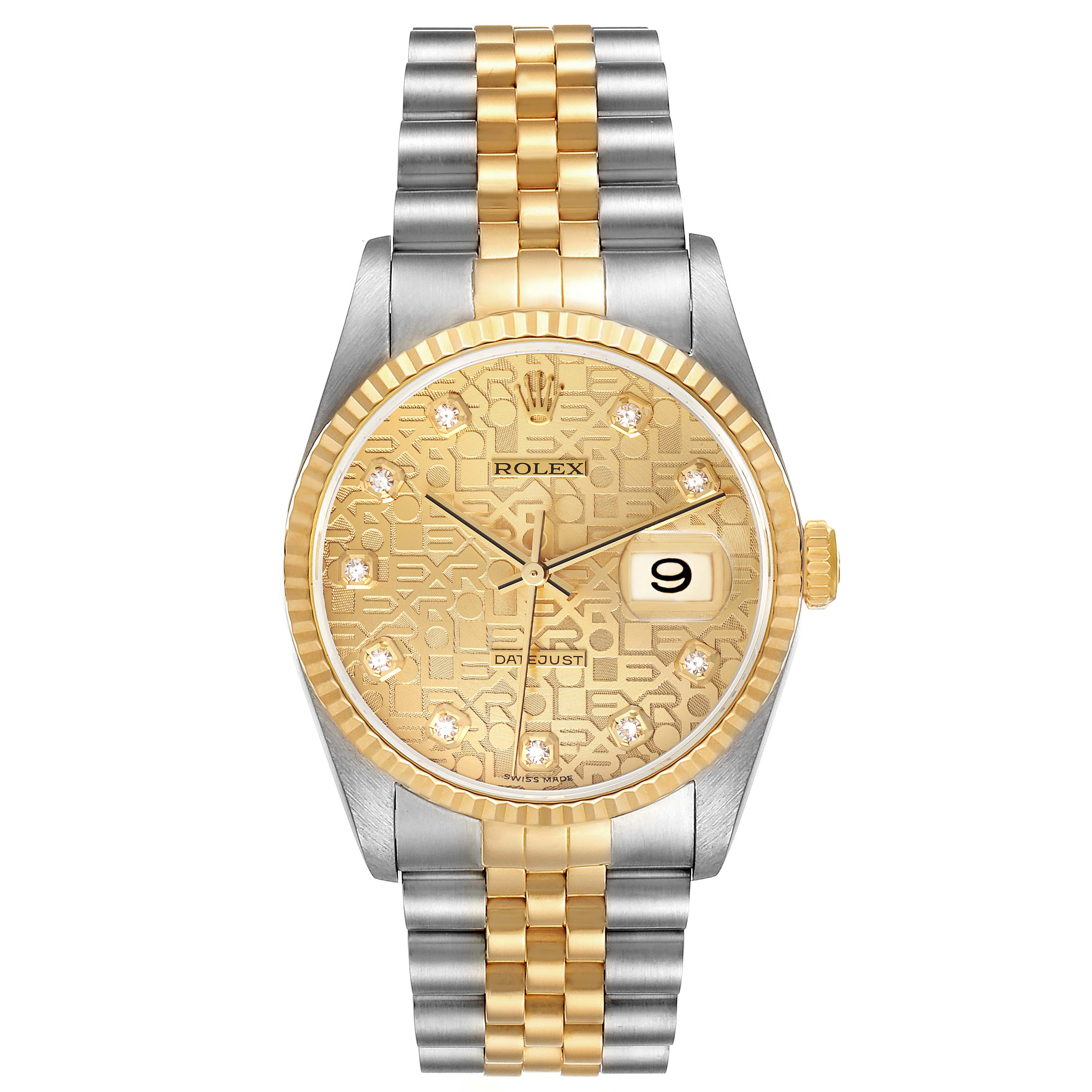The image shows a front view of the Rolex Datejust 16233 Men's Steel and Gold (two tone) Champagne Dial 16233 Men's Steel and Gold (two tone) Champagne Dial watch featuring a two-tone bracelet, gold dial, and date display.