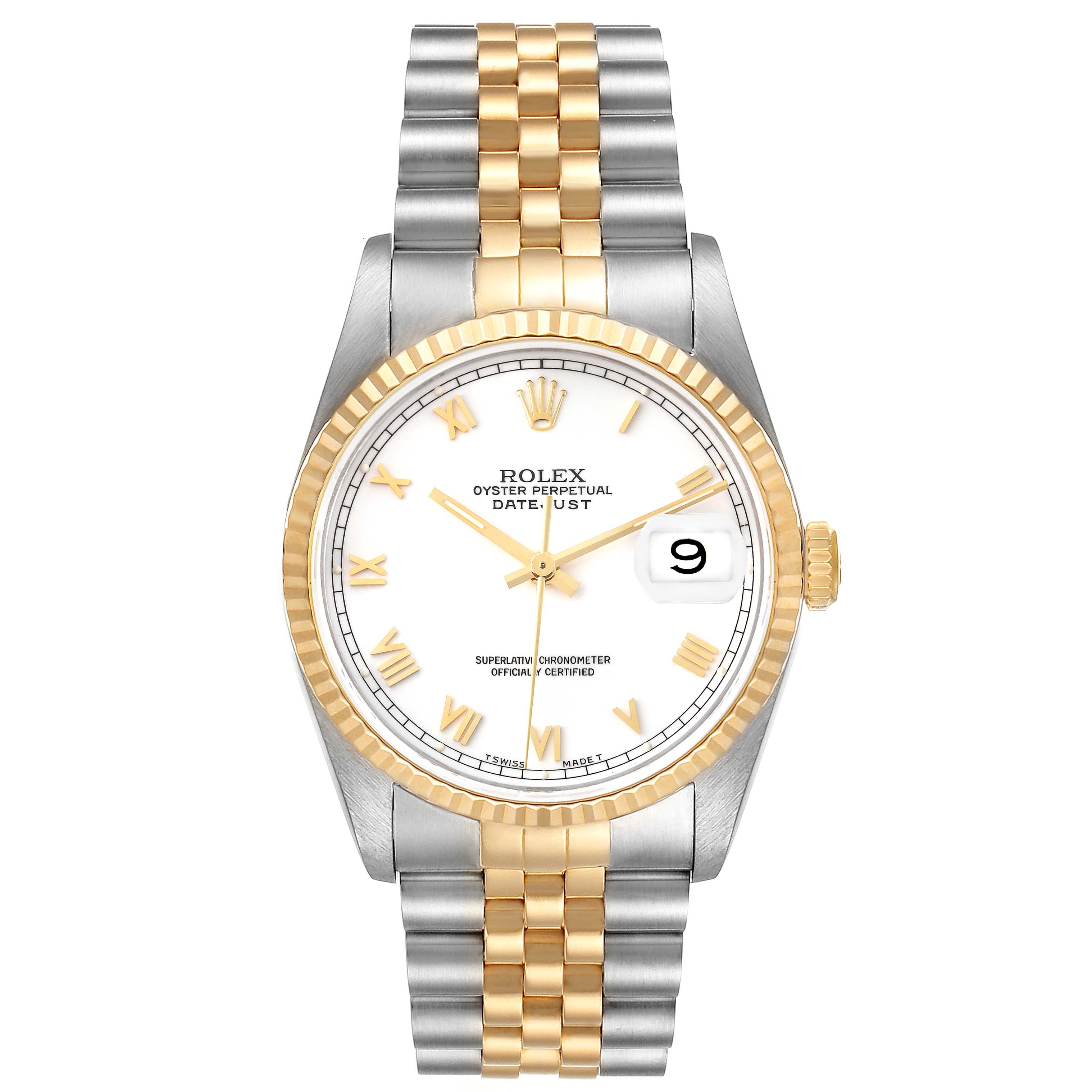 The image shows a front view of a Rolex Datejust 16233 Men's Steel and Gold (two tone) White Dial 16233 Men's Steel and Gold (two tone) White Dial watch featuring a gold and silver two-tone bracelet and a white dial with Roman numerals.